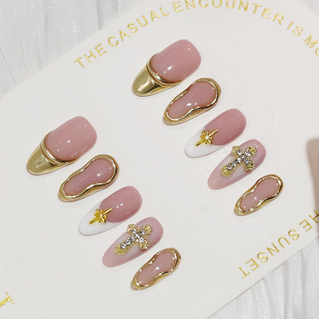 Vanesseva 10pc Handmade Press On Nails – Medium Almond, 3D Flowers & Chrome Shell