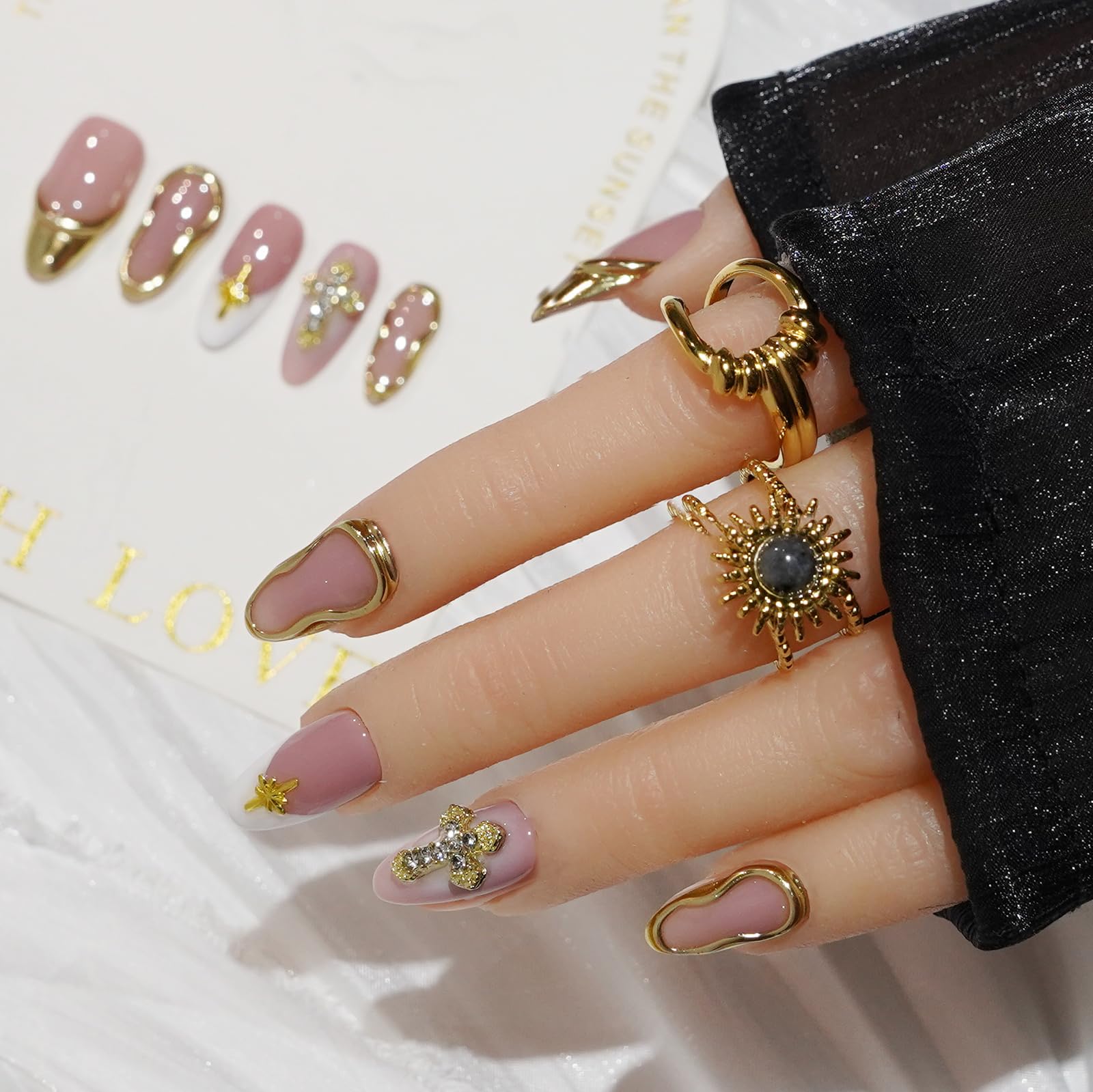 Vanesseva 10pc Handmade Press On Nails – Medium Almond, 3D Flowers & Chrome Shell