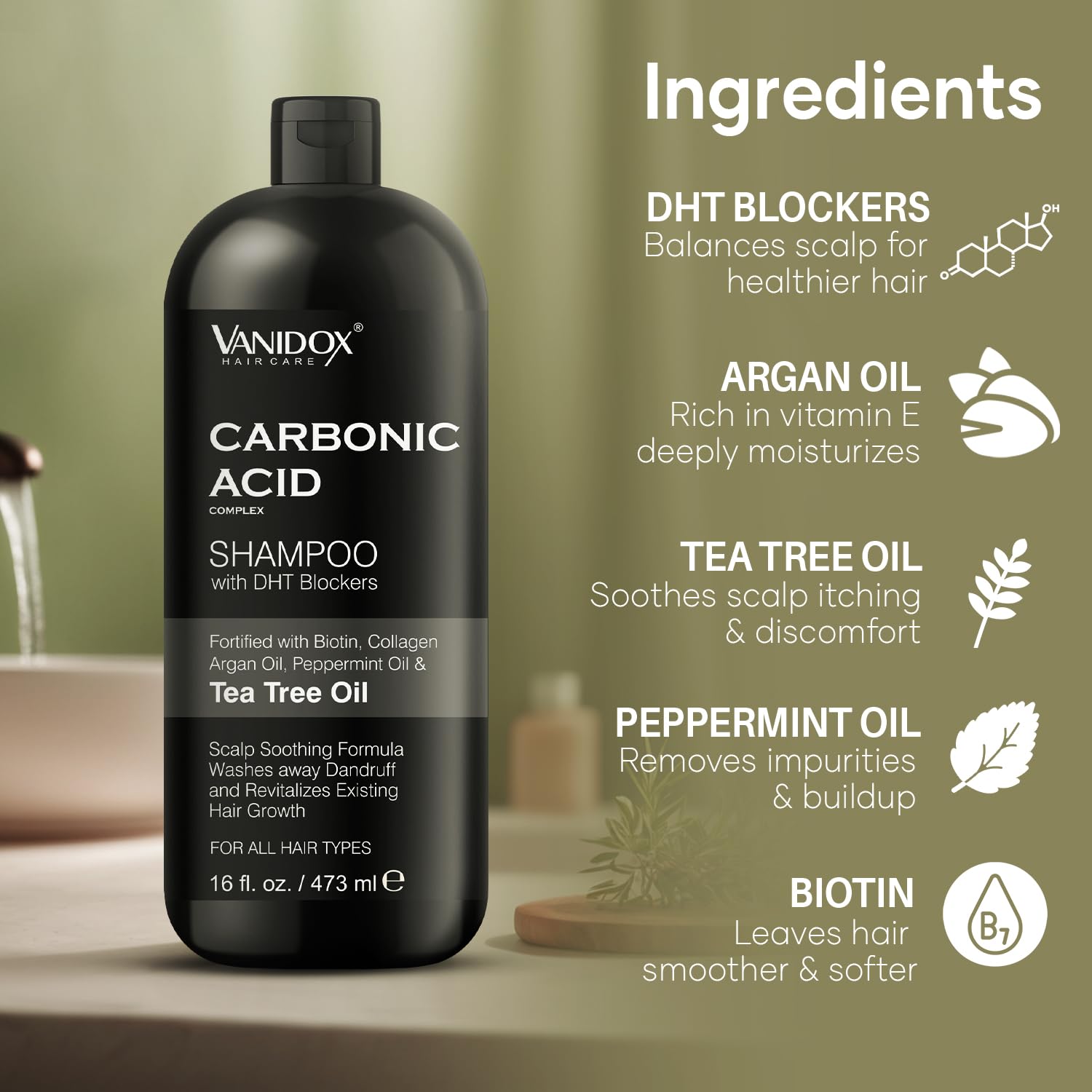 VANIDOX Carbonic Acid Shampoo with DHT Blockers — Sulfate-Free, Biotin & Tea Tree Oil (16 oz)