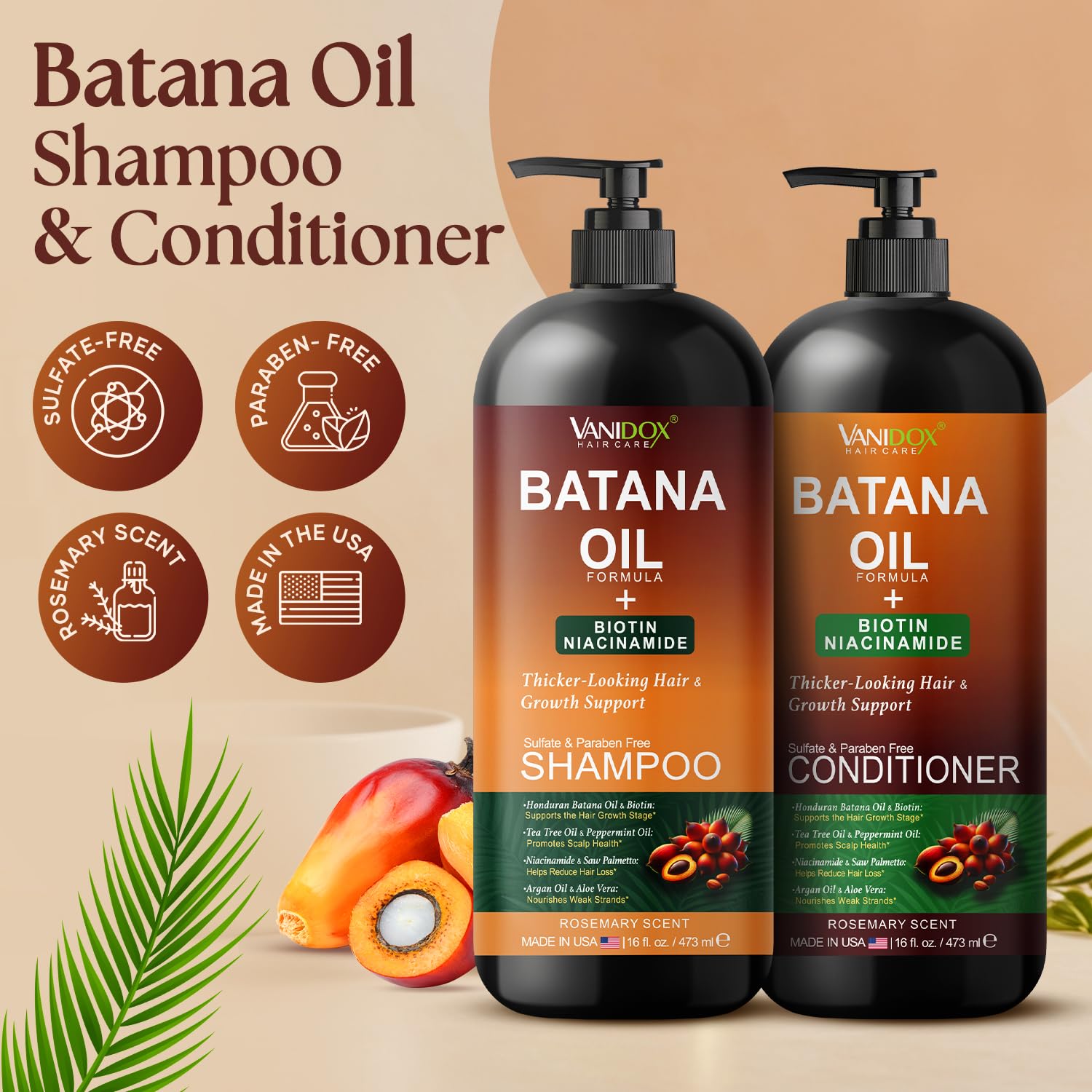 VANIDOX Batana Oil Shampoo & Conditioner Set – Biotin & Niacinamide, Sulfate-Free, 2 x 16 fl oz