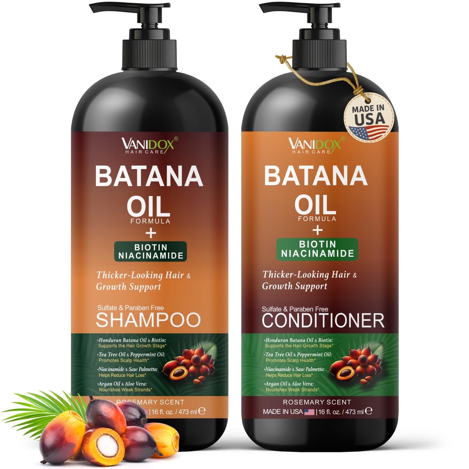 VANIDOX Batana Oil Shampoo & Conditioner Set – Biotin & Niacinamide, Sulfate-Free, 2 x 16 fl oz