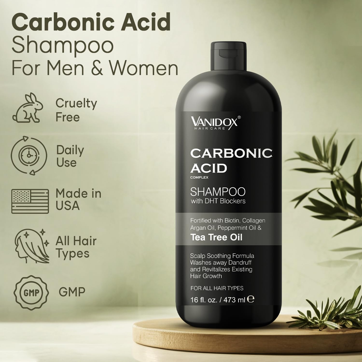 VANIDOX Carbonic Acid Shampoo with DHT Blockers — Sulfate-Free, Biotin & Tea Tree Oil (16 oz)