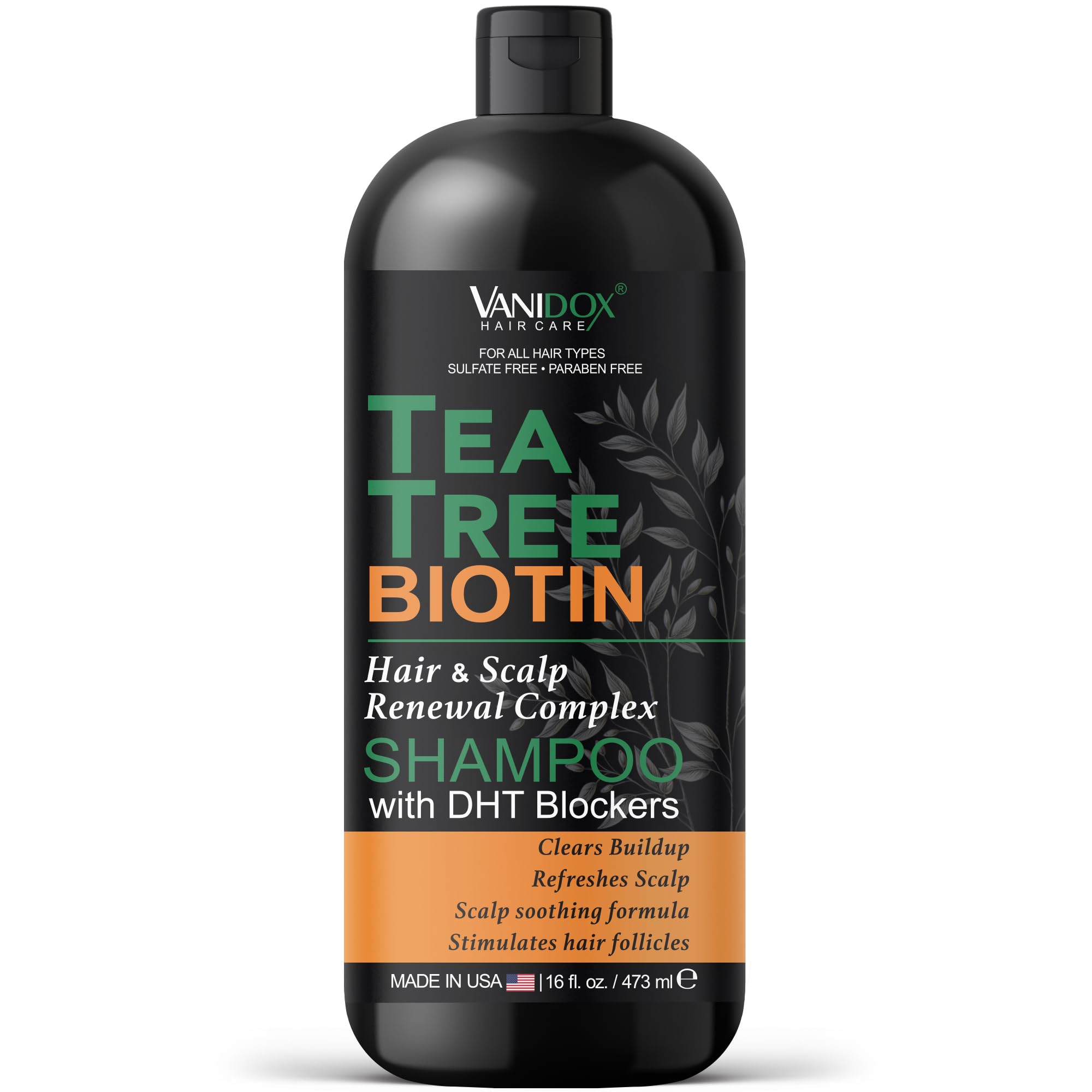 VANIDOX Tea Tree Oil Shampoo with Biotin & DHT Blockers | Itchy Scalp Relief & Thicker-Looking Hair | Made in USA | 16 fl oz