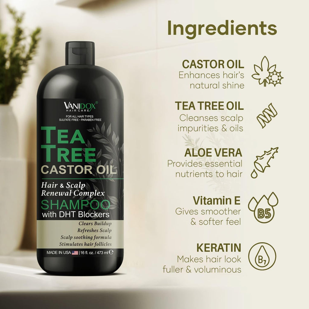 VANIDOX Tea Tree Oil Shampoo with Castor Oil – Itchy Scalp Relief & Fuller Hair (16 oz) | Made in USA