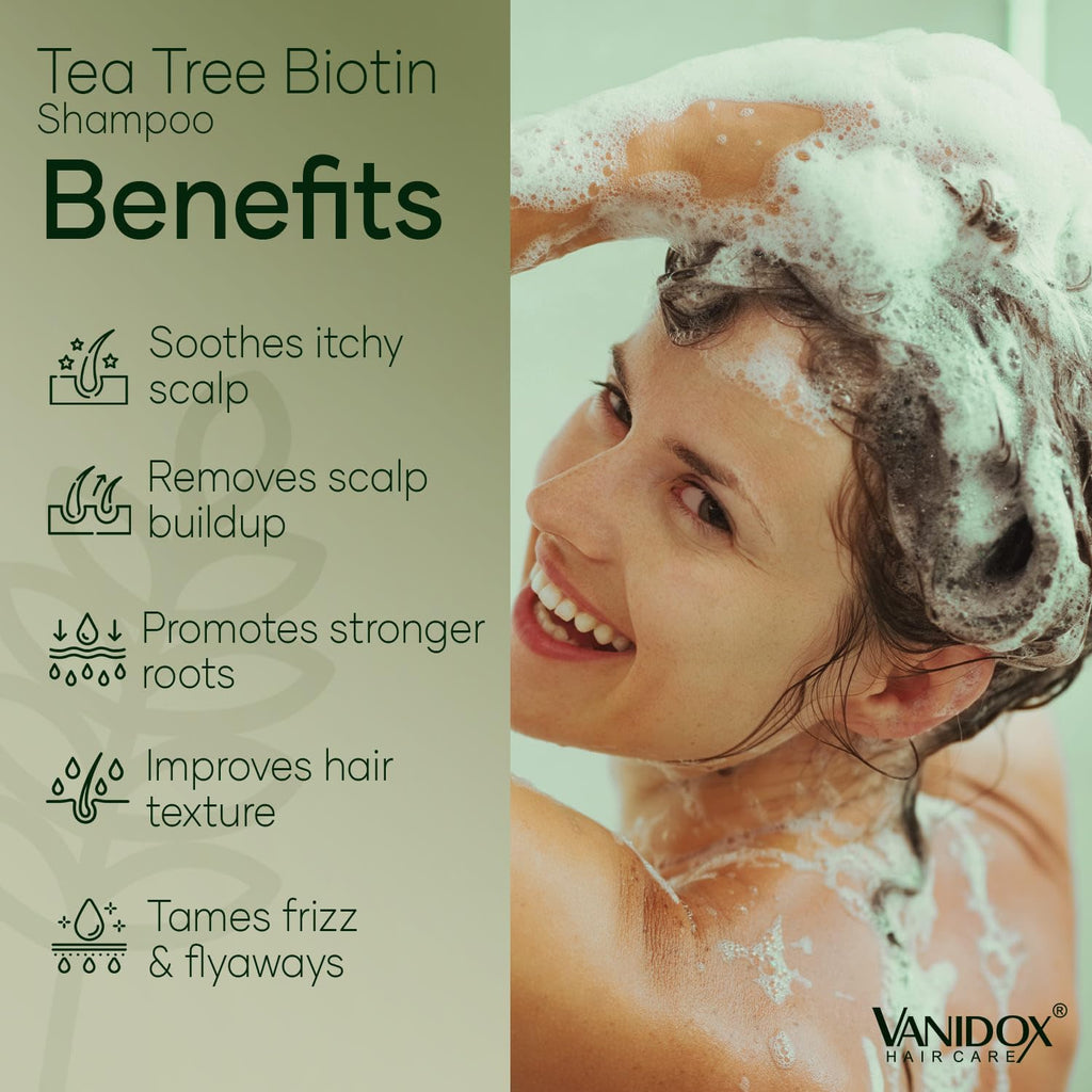 VANIDOX Tea Tree Oil Shampoo with Biotin & DHT Blockers | Itchy Scalp Relief & Thicker-Looking Hair | Made in USA | 16 fl oz