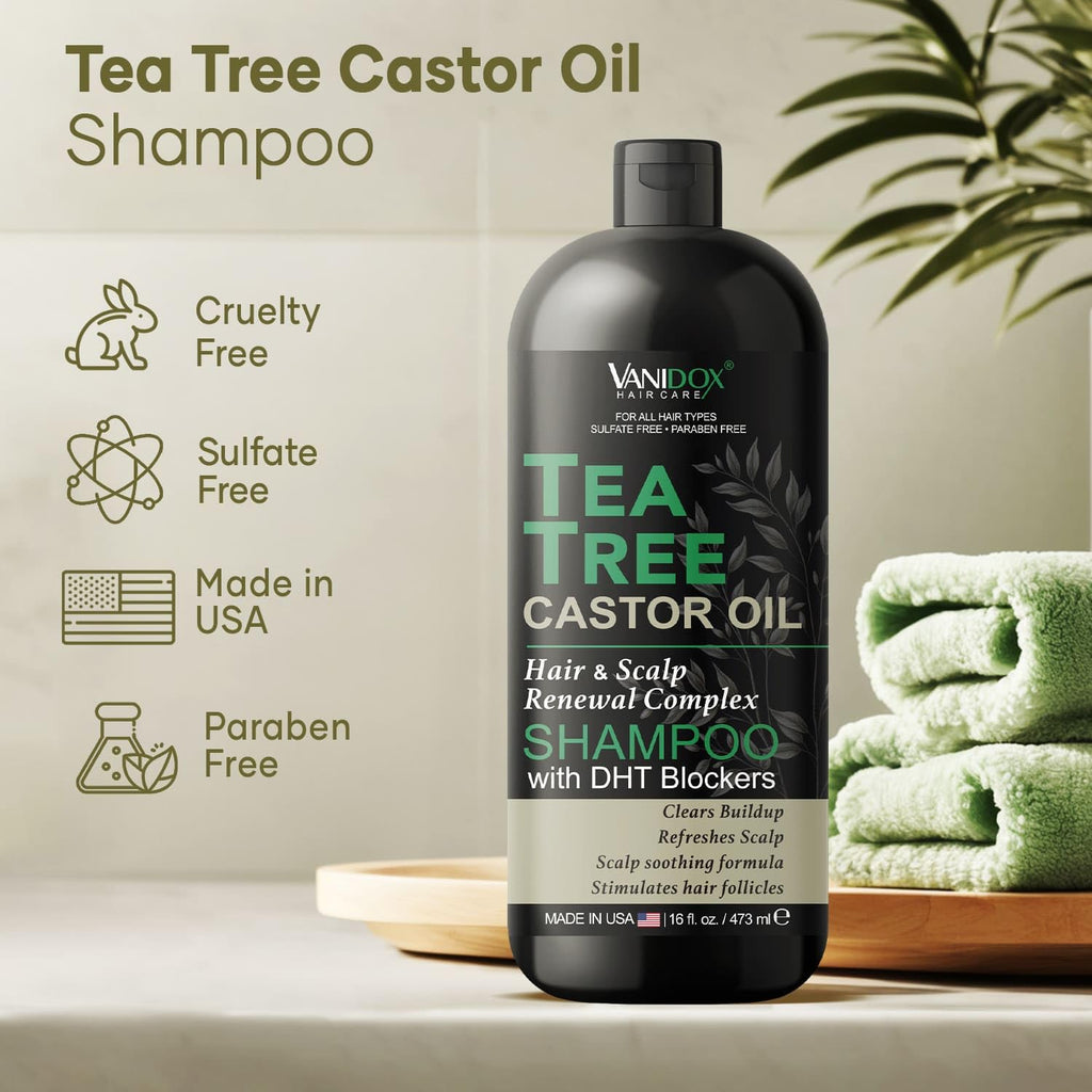 VANIDOX Tea Tree Oil Shampoo with Castor Oil – Itchy Scalp Relief & Fuller Hair (16 oz) | Made in USA