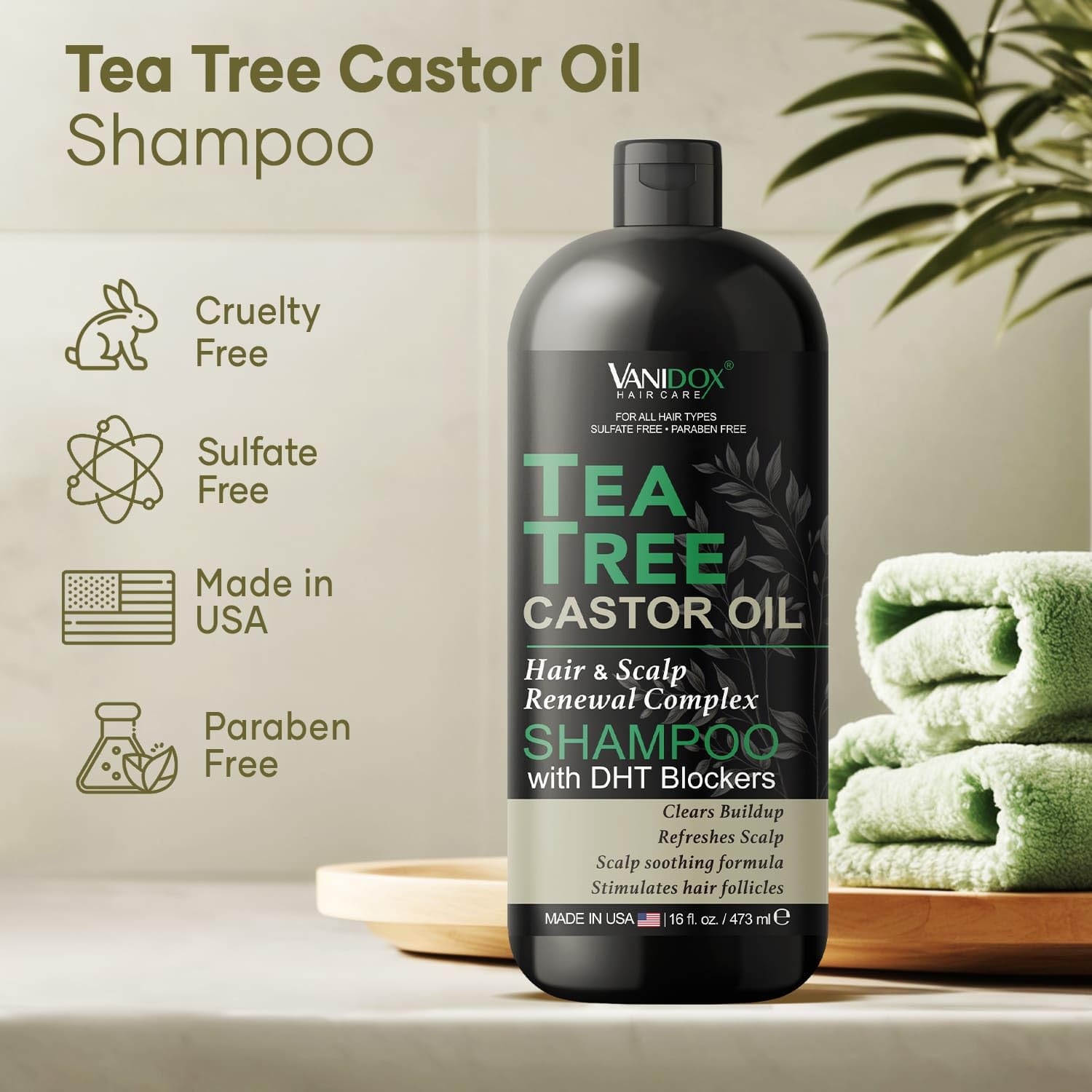 VANIDOX Tea Tree Oil Shampoo with Castor Oil – Itchy Scalp Relief & Fuller Hair (16 oz) | Made in USA