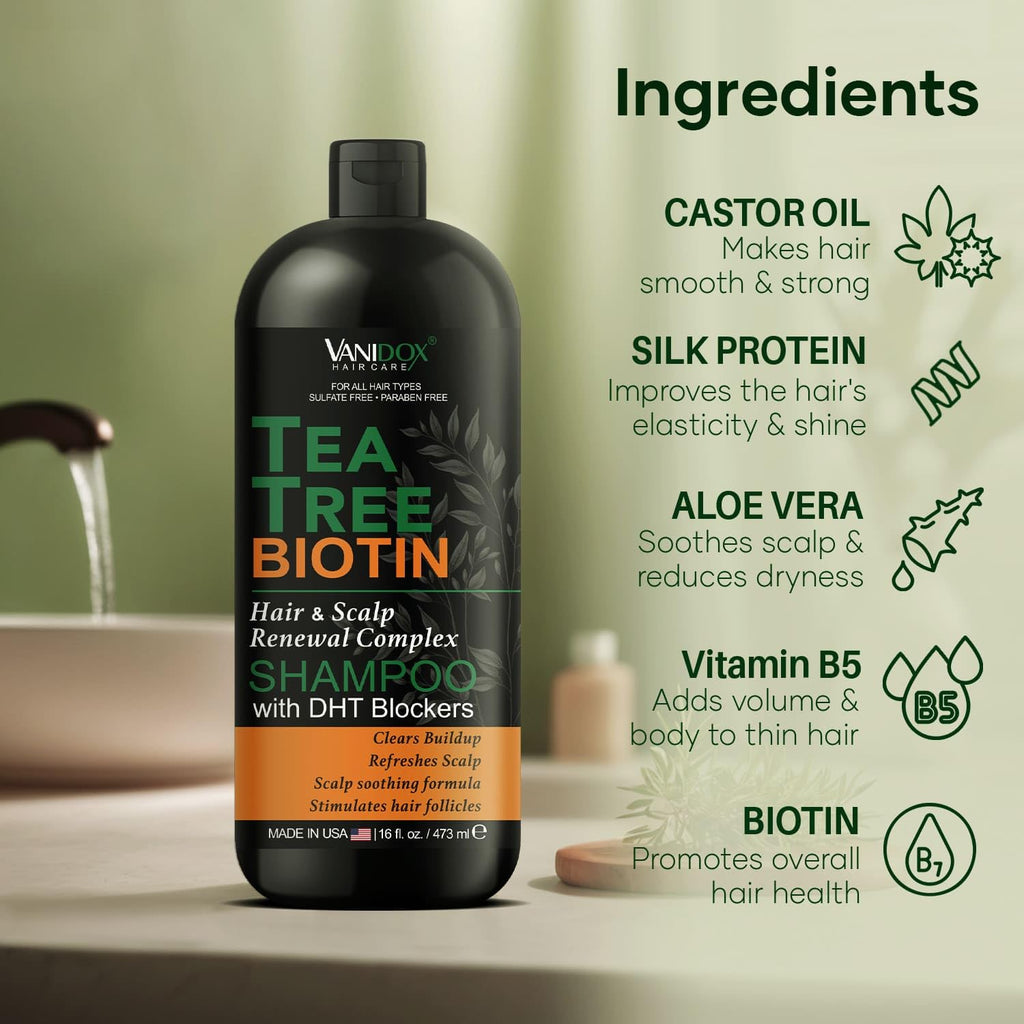 VANIDOX Tea Tree Oil Shampoo with Biotin & DHT Blockers | Itchy Scalp Relief & Thicker-Looking Hair | Made in USA | 16 fl oz