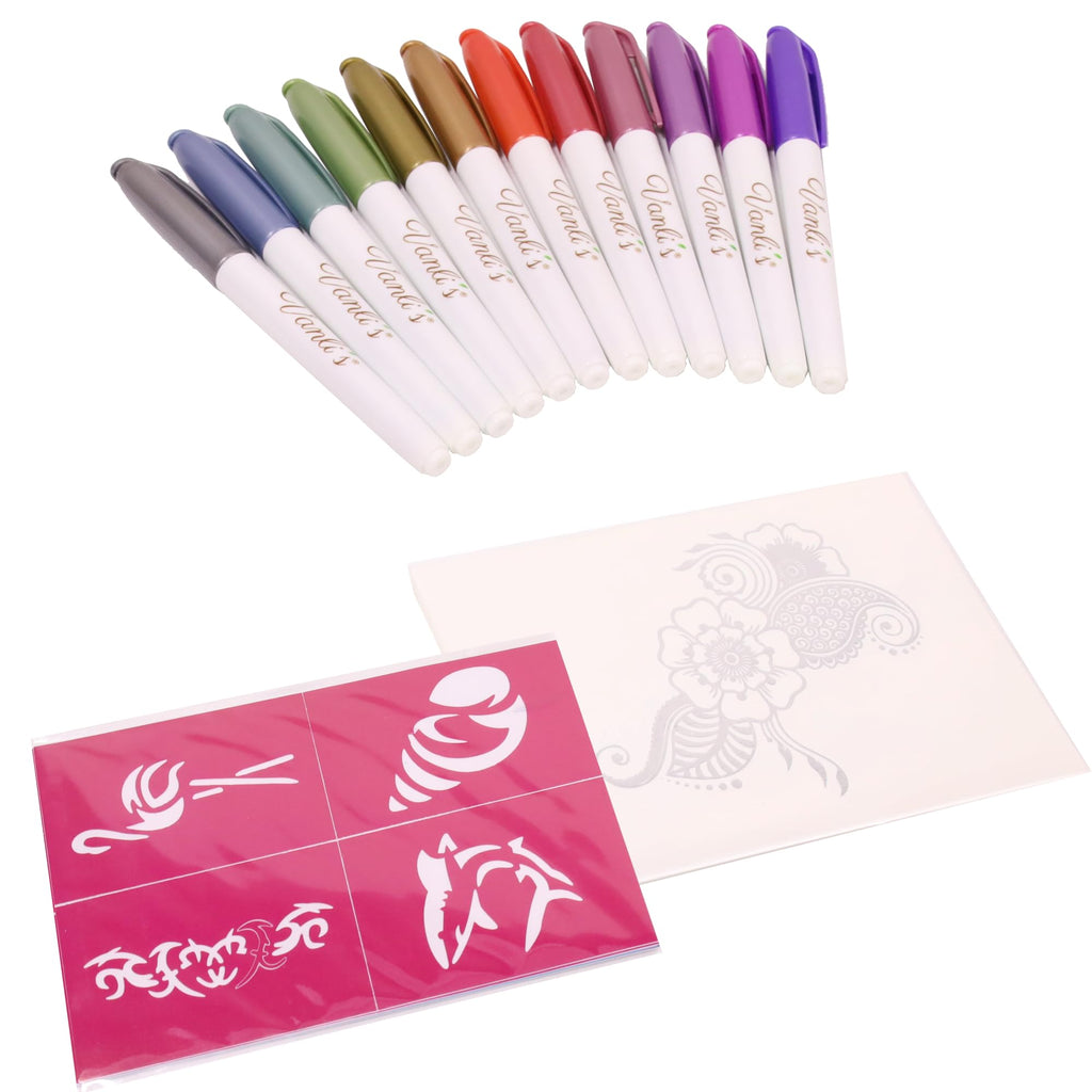 Vanli's Metallic Temporary Tattoo Markers – 12 Pack with 30 Stencil Papers | Body Art for Teens & Adults