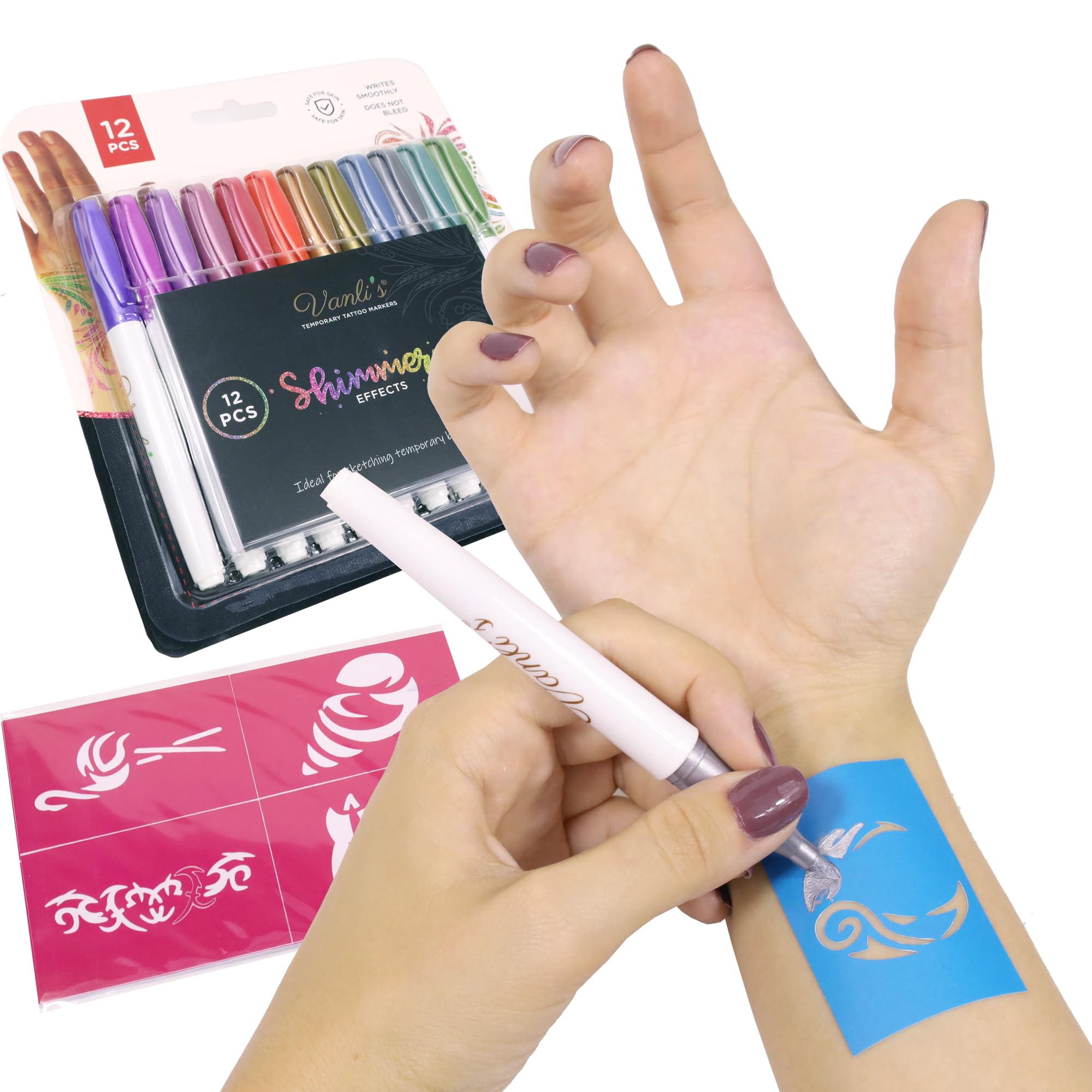 Vanli's Metallic Temporary Tattoo Markers – 12 Pack with 30 Stencil Papers | Body Art for Teens & Adults
