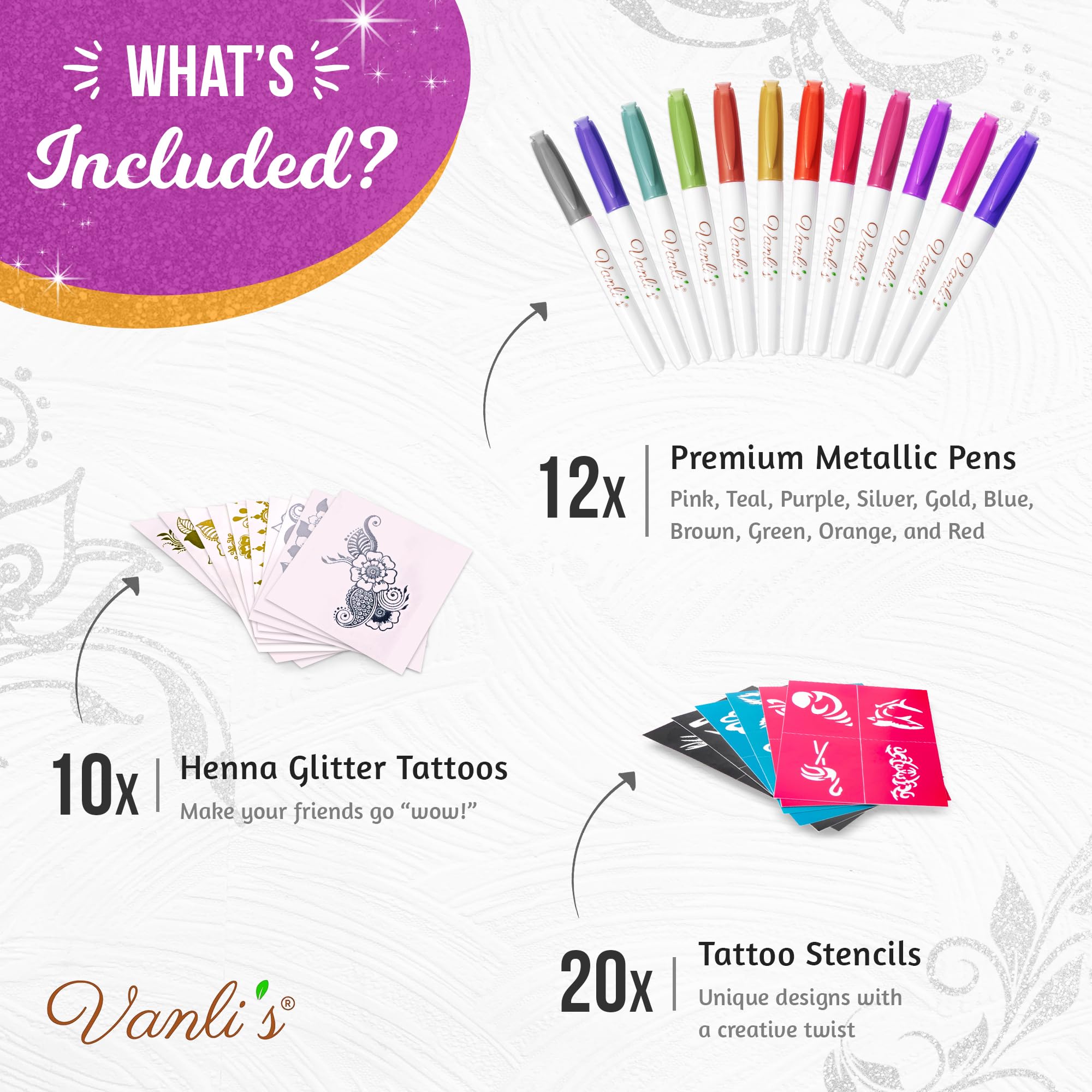 Vanli's Metallic Temporary Tattoo Markers – 12 Pack with 30 Stencil Papers | Body Art for Teens & Adults