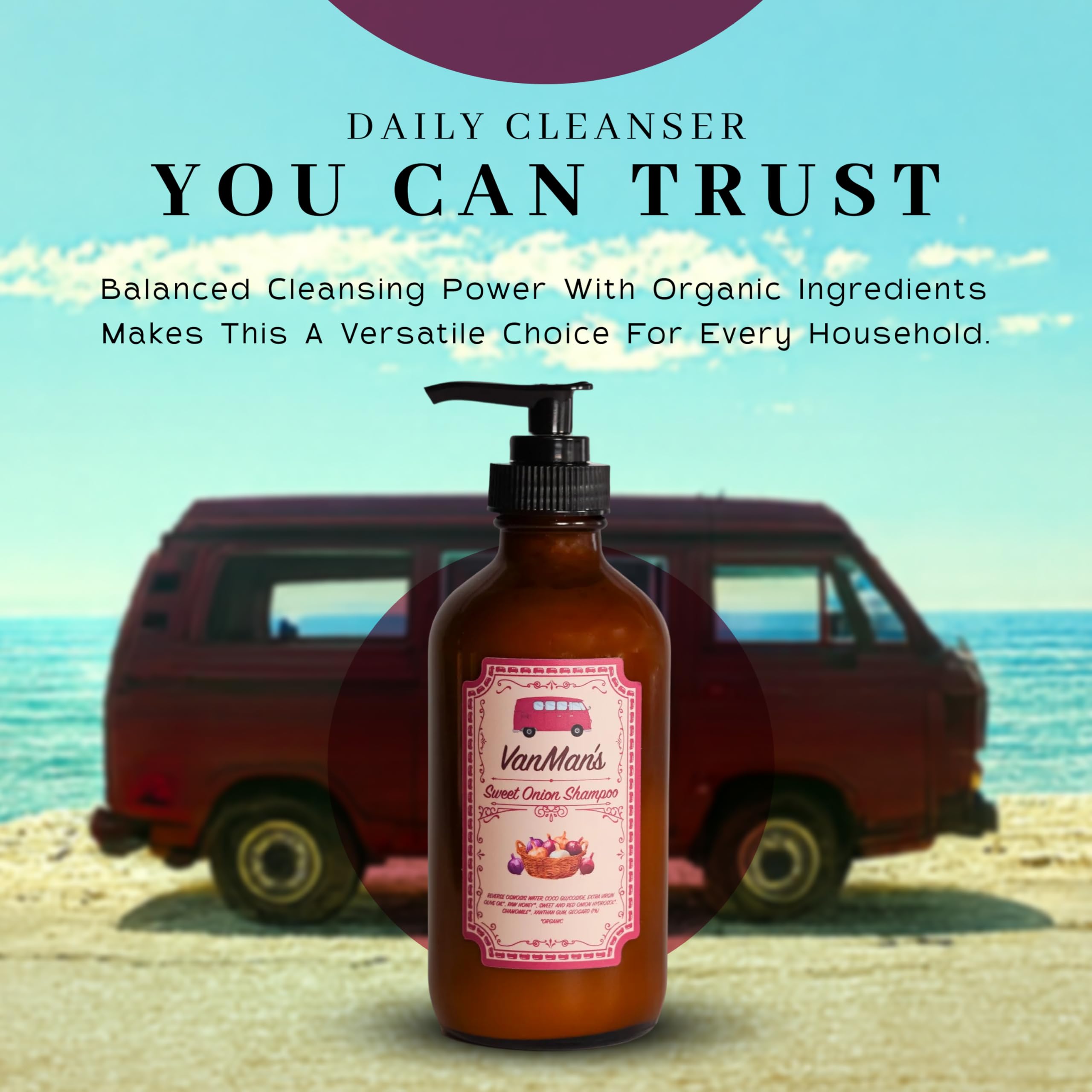 VanMan Sweet Onion Shampoo – 8 oz Glass Bottle | Organic Olive Oil, Honey & Chamomile | No Onion Scent