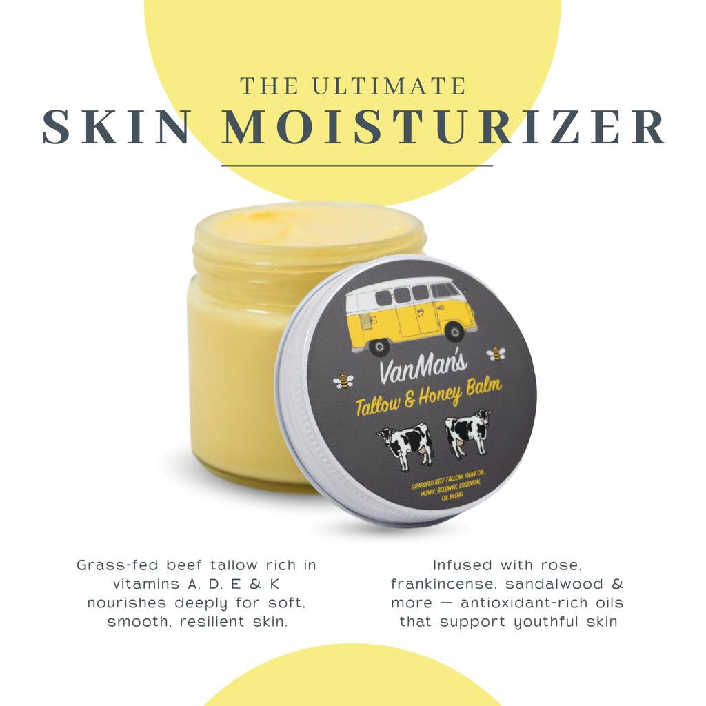 Vanman's Tallow and Honey Balm Jumbo | Grass-Fed Beef Tallow Moisturizer with Honey & Essential Oils - 6.3 oz