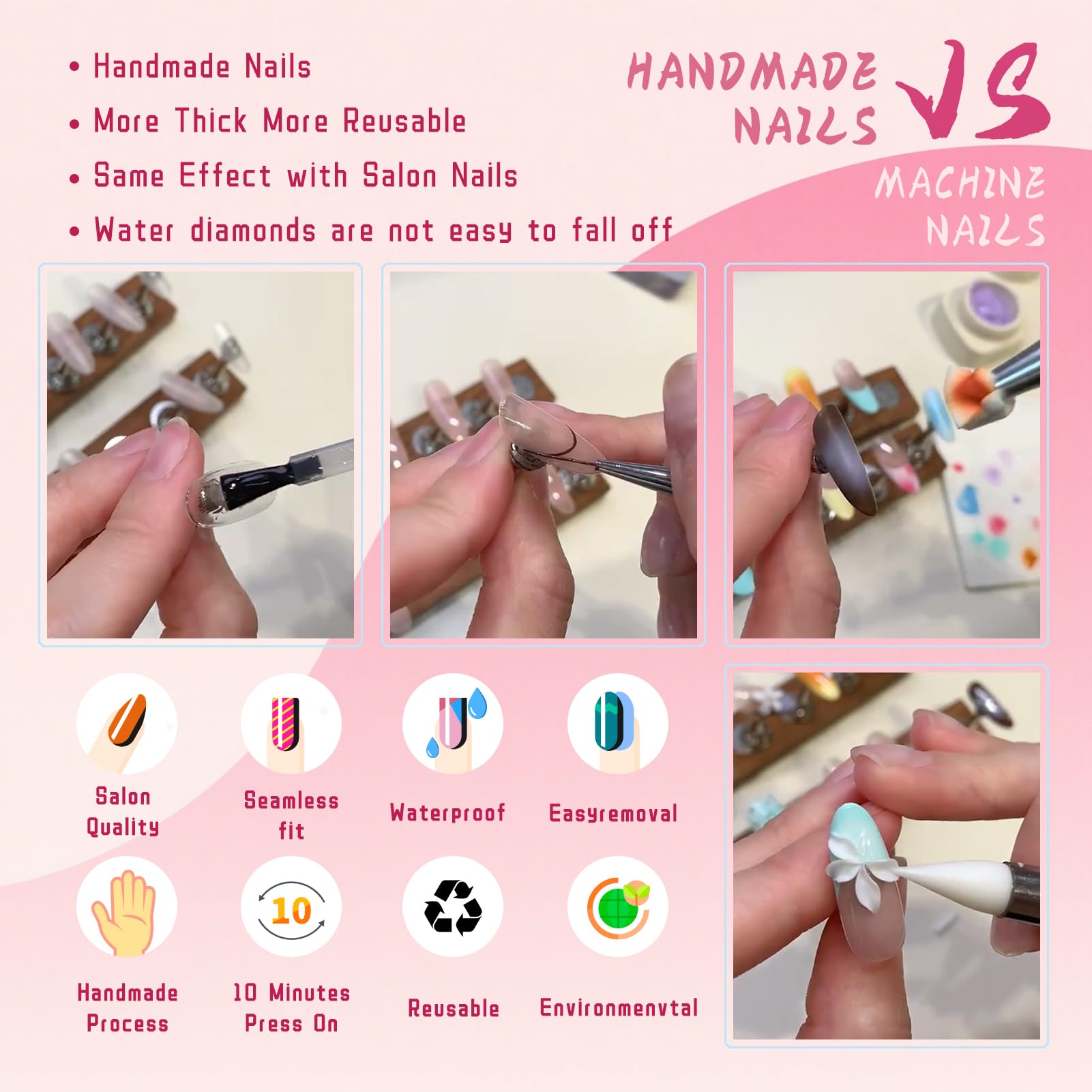 Vanpaga Press On Nails – Medium Square Handmade 3D Artful Acrylic False Nails for Parties & Daily Wear
