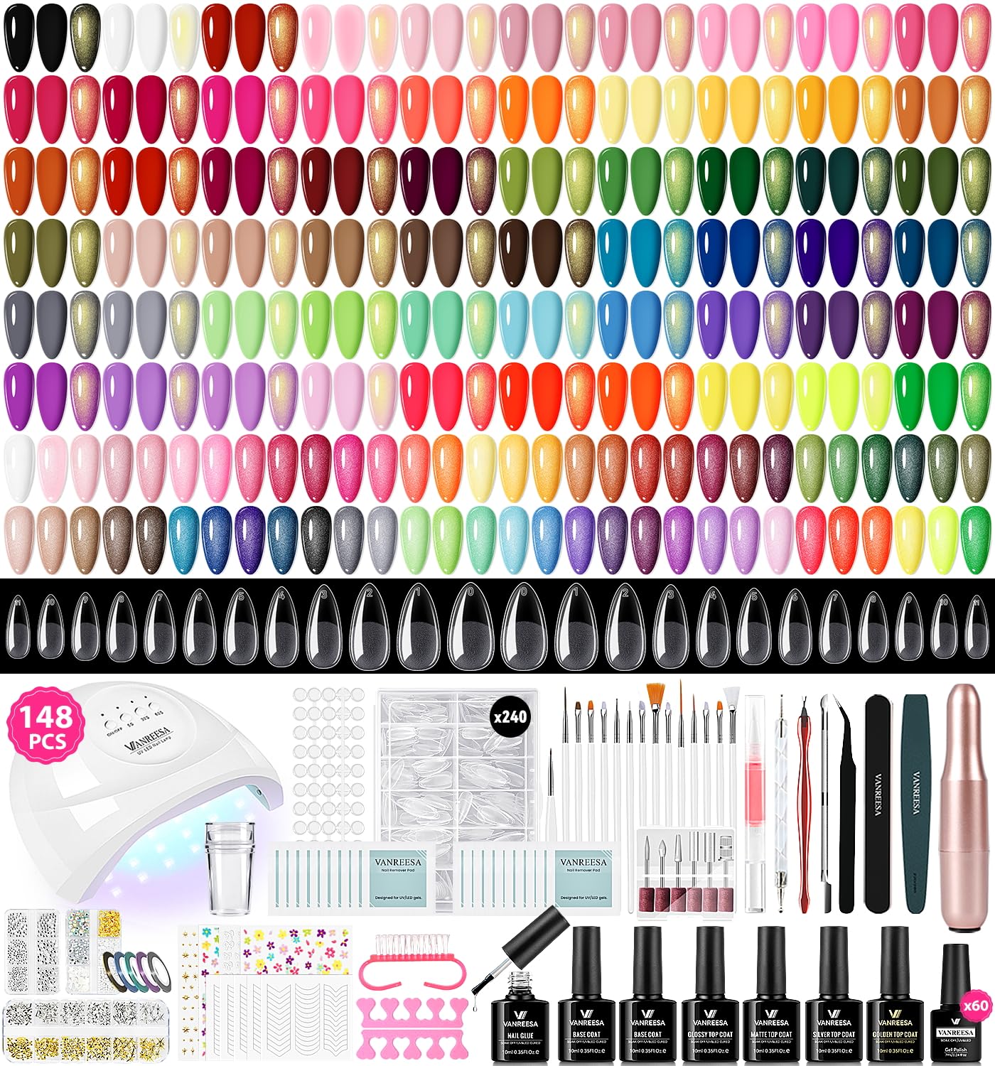 VANREESA 148Pcs Gel Nail Kit with UV Lamp – 60 All-Season Colors, Almond Tips & Drill