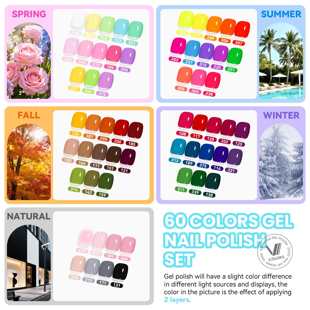 VANREESA 148Pcs Gel Nail Kit with UV Lamp – 60 All-Season Colors, Almond Tips & Drill