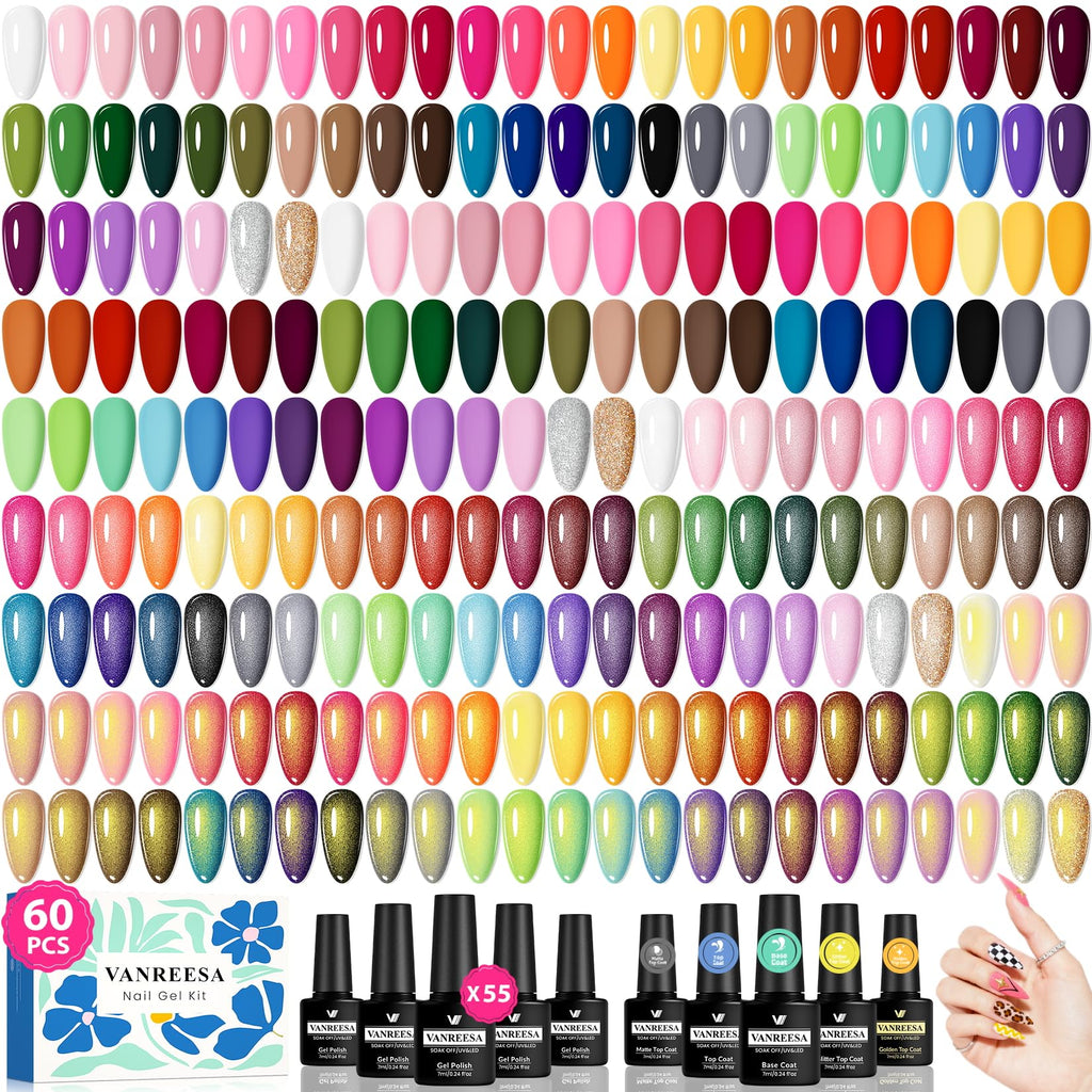 VANREESA 60-Pcs Gel Nail Polish Set: 55 Colors + Base Coat & 4 Top Coats for Home Manicure