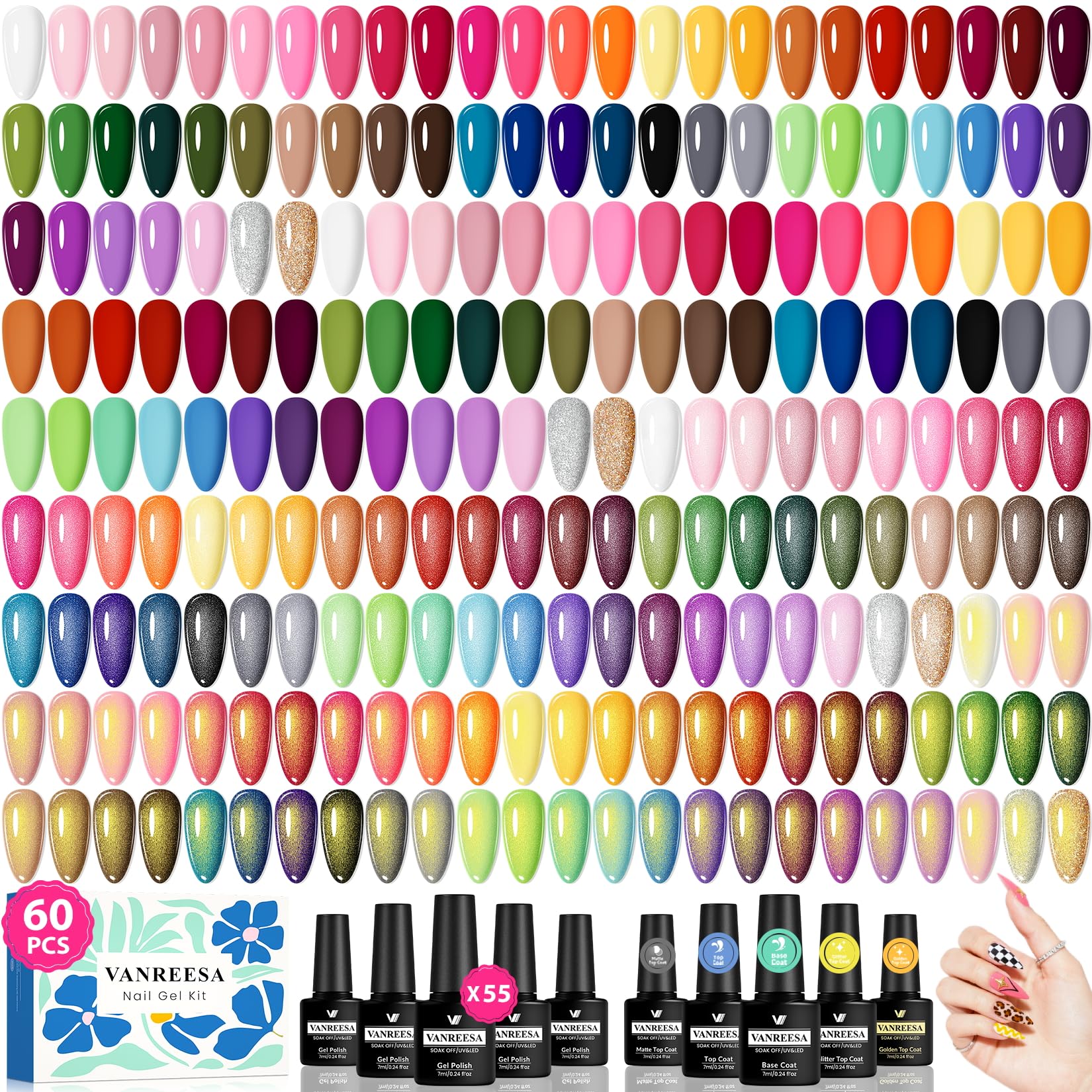 VANREESA 60-Pcs Gel Nail Polish Set: 55 Colors + Base Coat & 4 Top Coats for Home Manicure