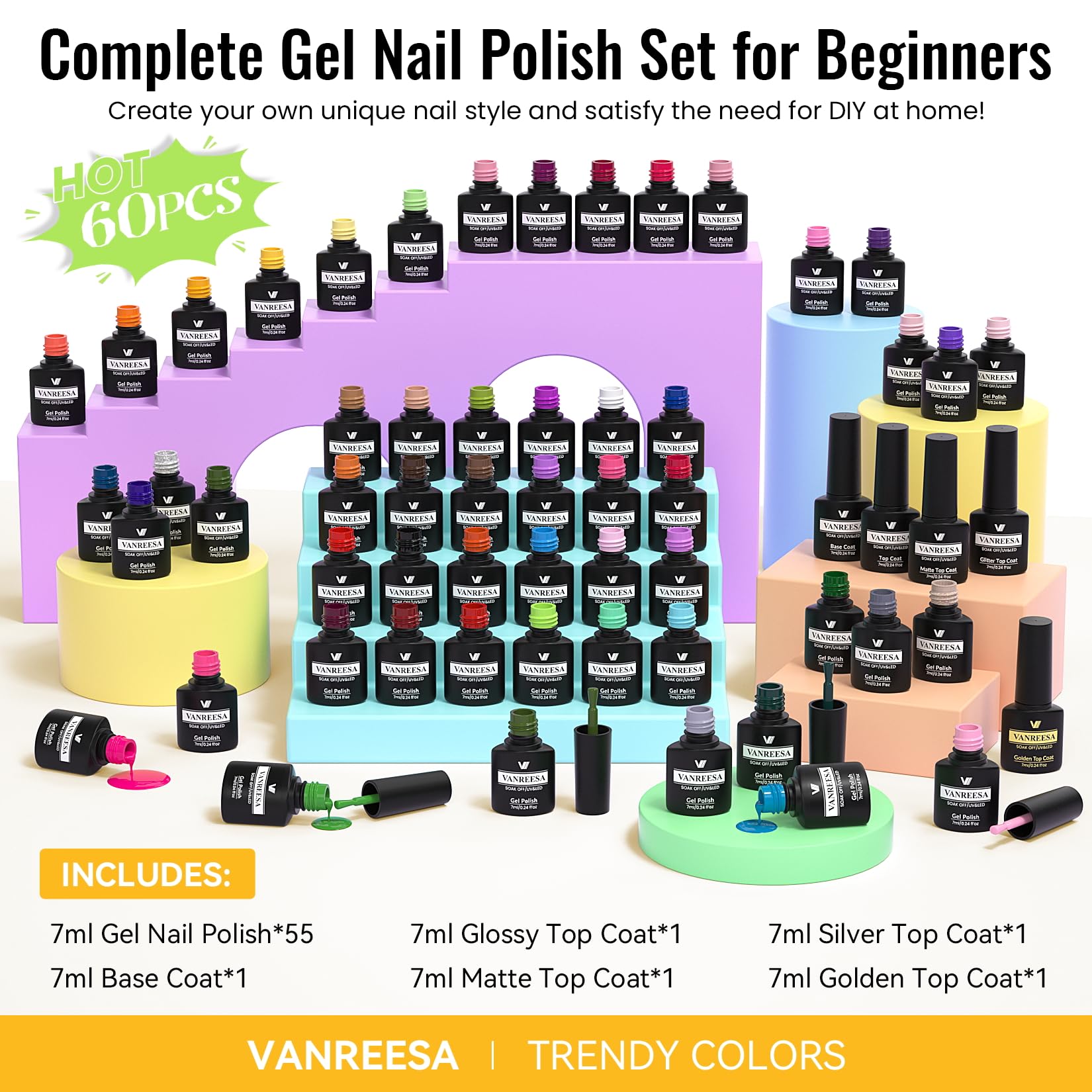 VANREESA 60 Pcs Gel Nail Polish Set – 55 Colors + Base Coat & 4 Top Coats for Home & Salon