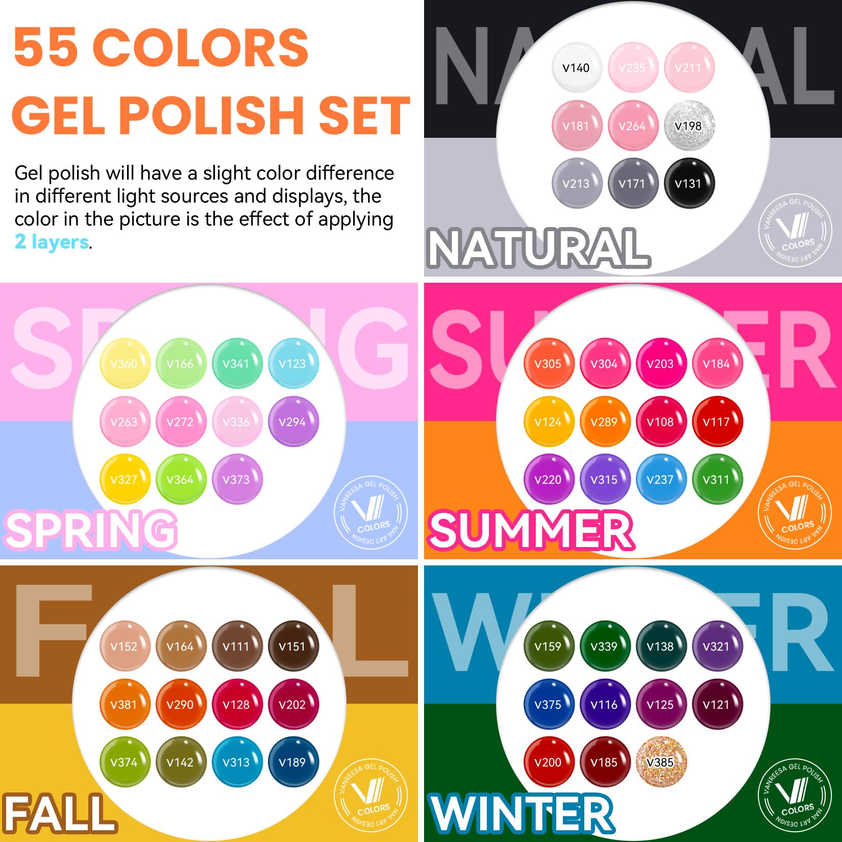VANREESA 60-Pcs Gel Nail Polish Set: 55 Colors + Base Coat & 4 Top Coats for Home Manicure