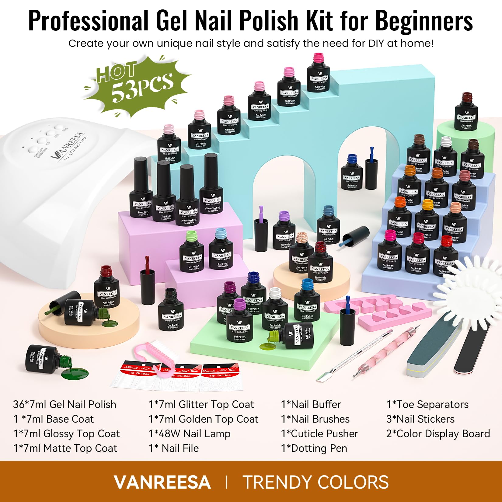 VANREESA 53-Piece Gel Nail Polish Kit with UV Lamp — 36 Colors + Base & 4 Top Coats