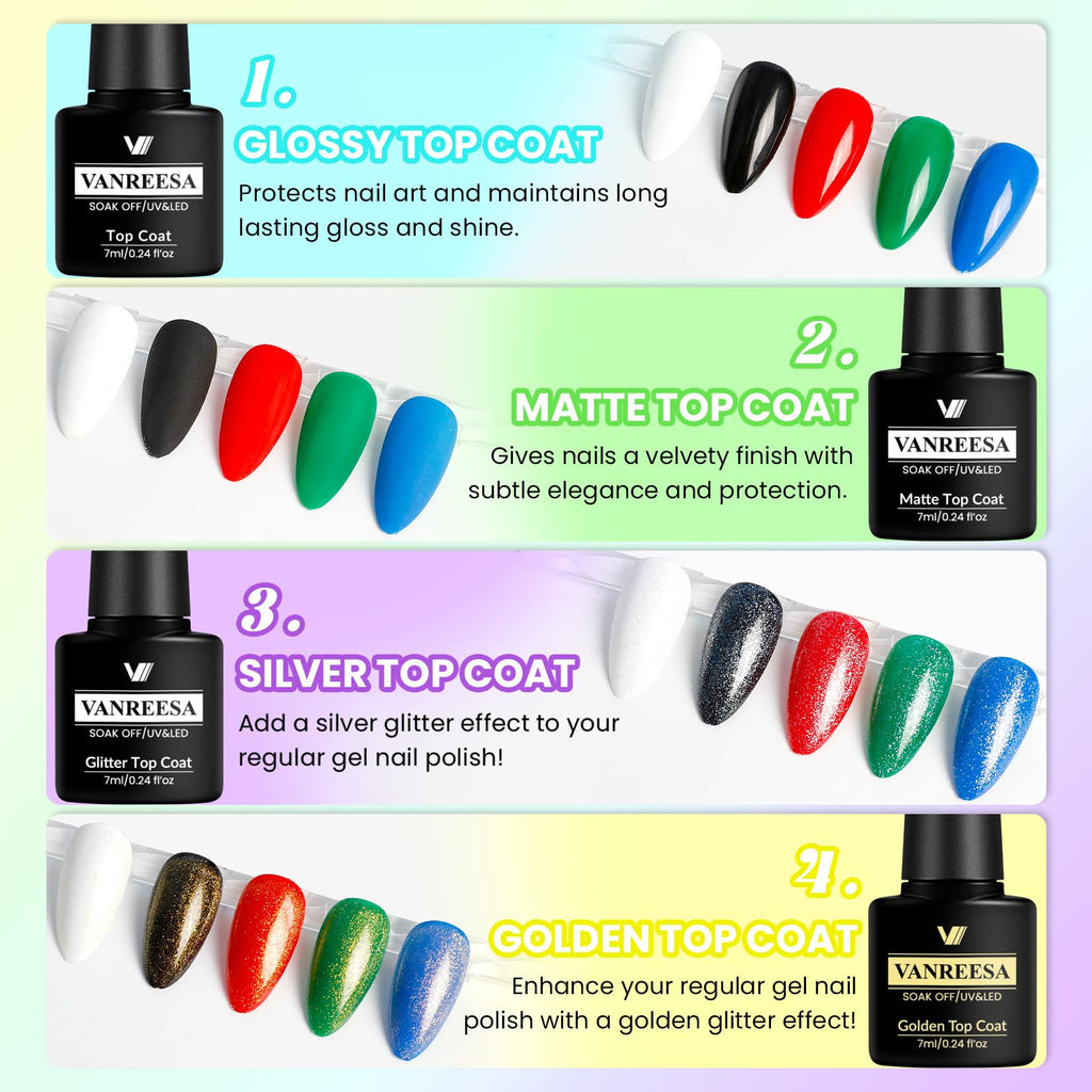 VANREESA 60-Pcs Gel Nail Polish Set: 55 Colors + Base Coat & 4 Top Coats for Home Manicure