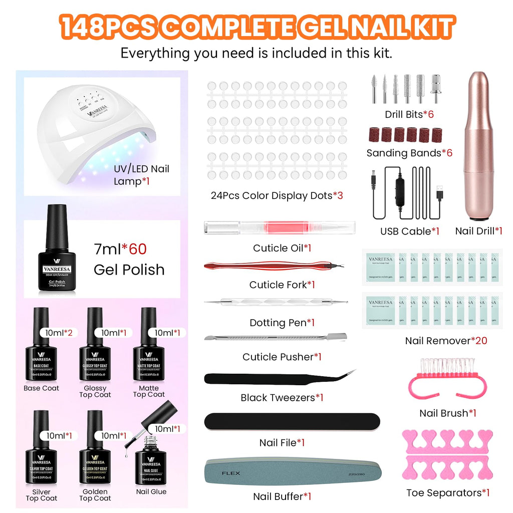 VANREESA 148Pcs Gel Nail Kit with UV Lamp – 60 All-Season Colors, Almond Tips & Drill