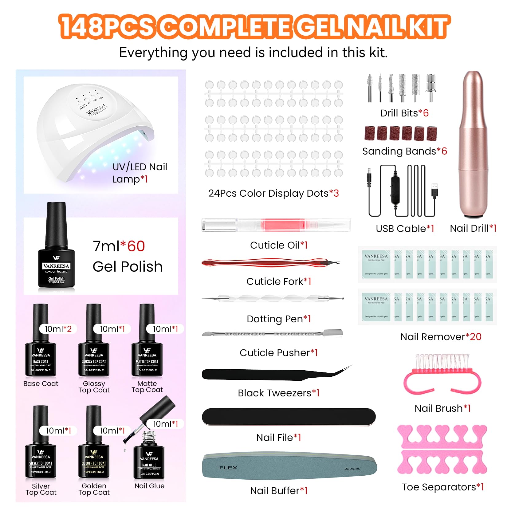 VANREESA 148Pcs Gel Nail Kit with UV Lamp – 60 All-Season Colors, Almond Tips & Drill