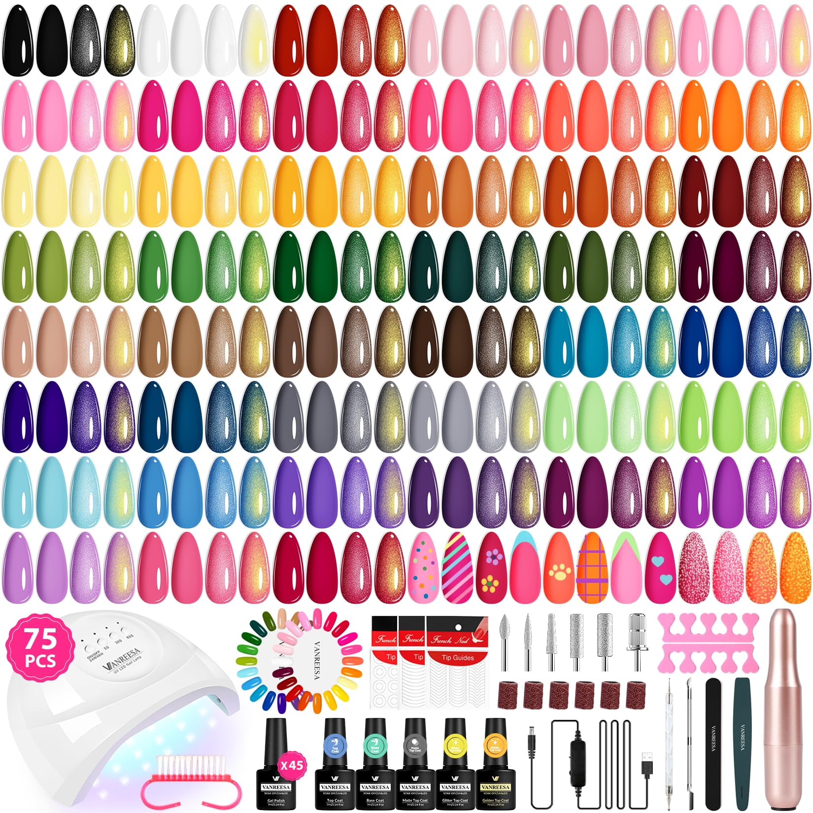 VANREESA Gel Nail Polish Kit with UV Light & Nail Drill – 75 Pcs, 45 Colors