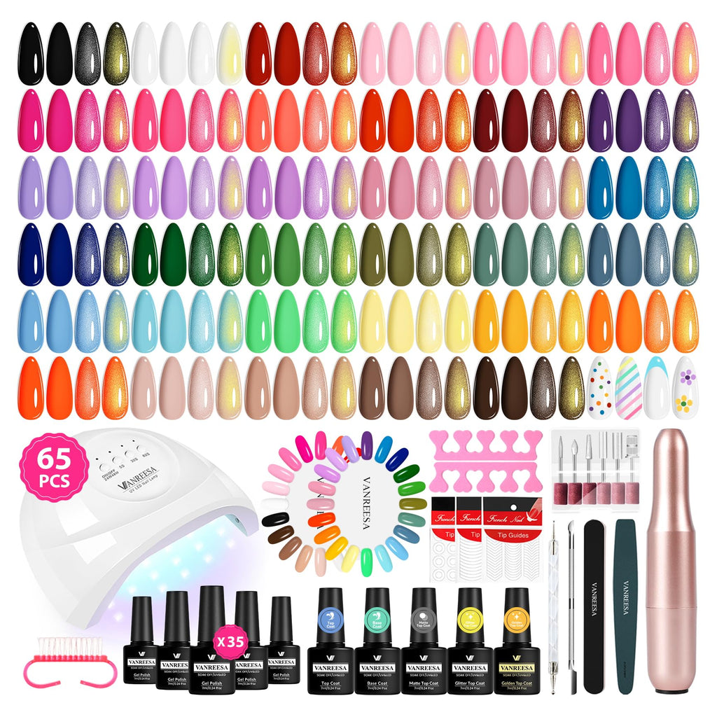 VANREESA Gel Nail Polish Kit with UV Light & Nail Drill — 65 Pcs, 35 Colors, Base Coat & 4 Top Coats, 48W Lamp