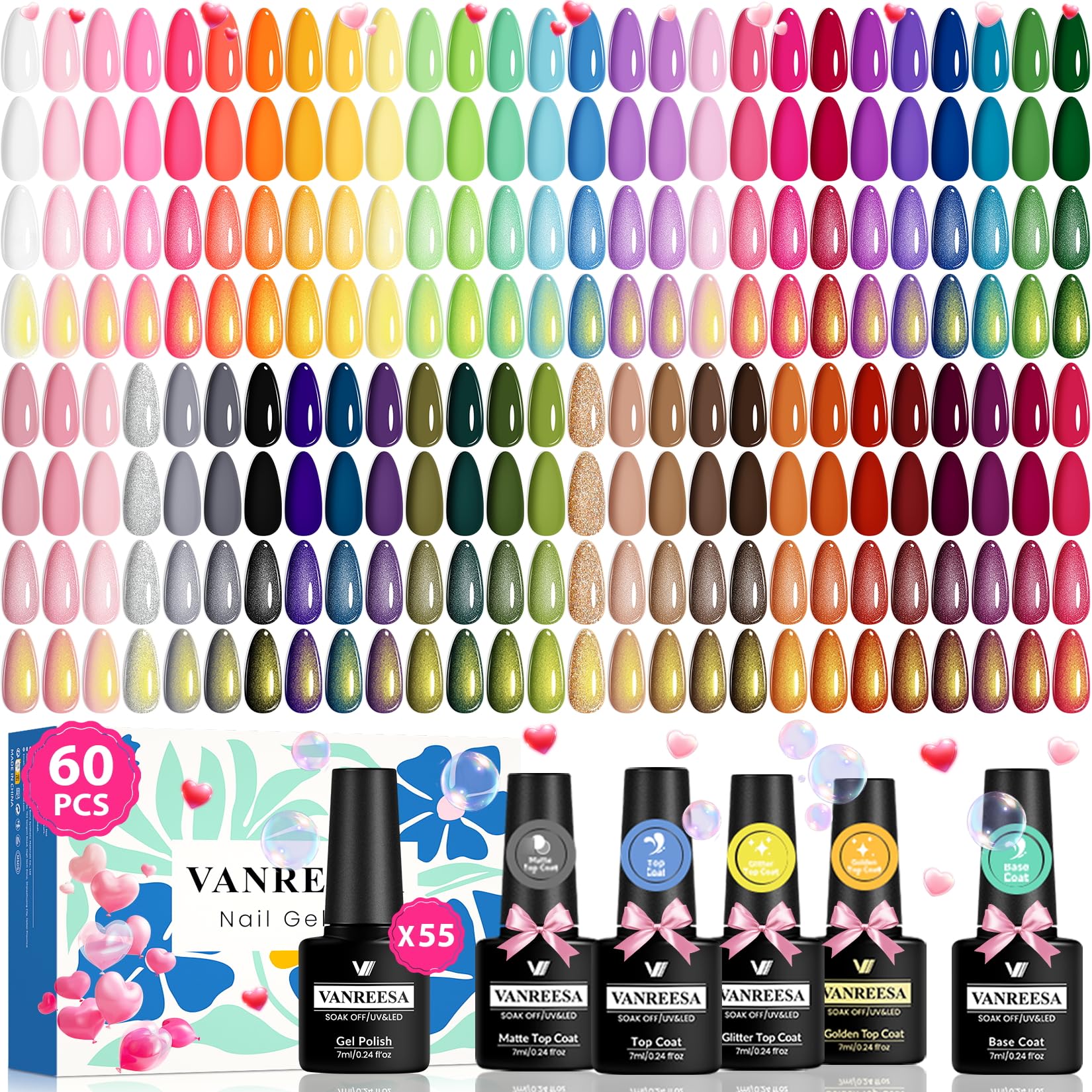 VANREESA 60 Pcs Gel Nail Polish Set – 55 Colors + Base Coat & 4 Top Coats for Home & Salon