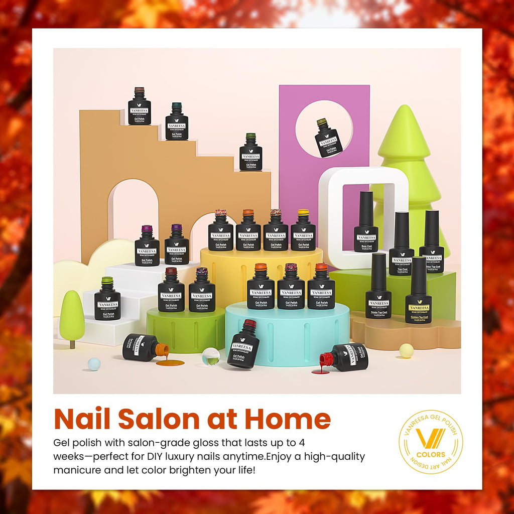 VANREESA 24-Piece Fall Gel Nail Polish Set – 19 Colors + Base Coat & 4 Top Coats