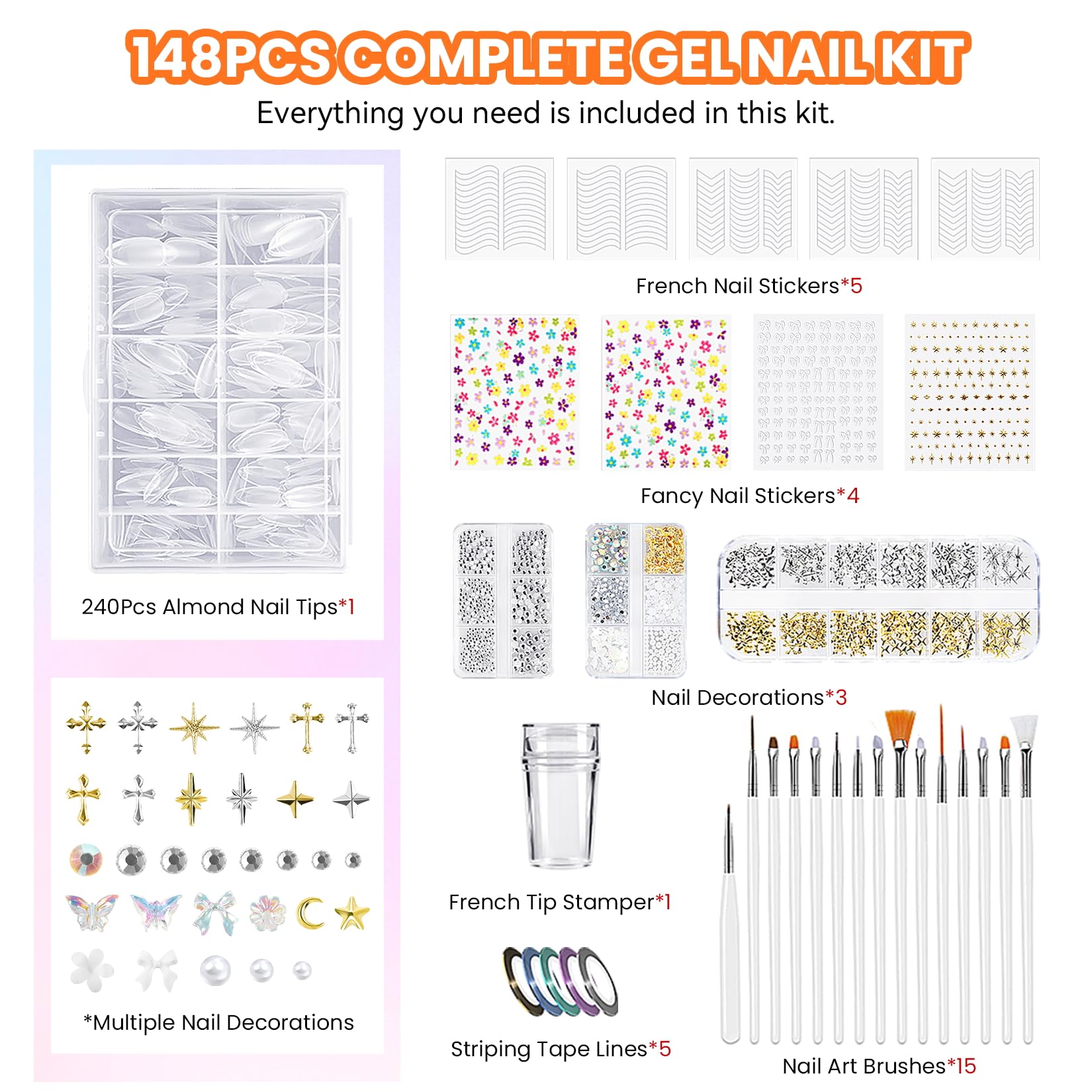 VANREESA 148Pcs Gel Nail Kit with UV Lamp – 60 All-Season Colors, Almond Tips & Drill