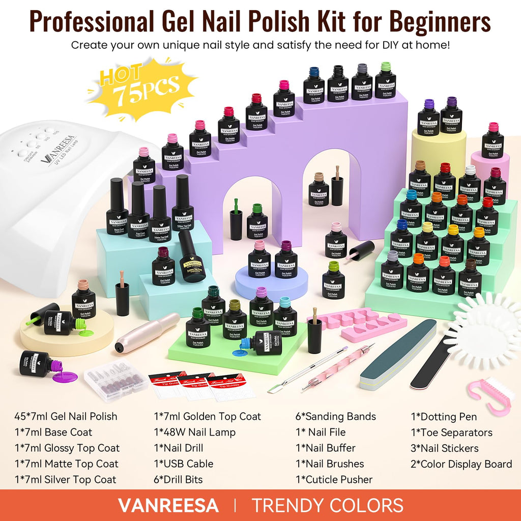 VANREESA Gel Nail Polish Kit with UV Light & Nail Drill – 75 Pcs, 45 Colors