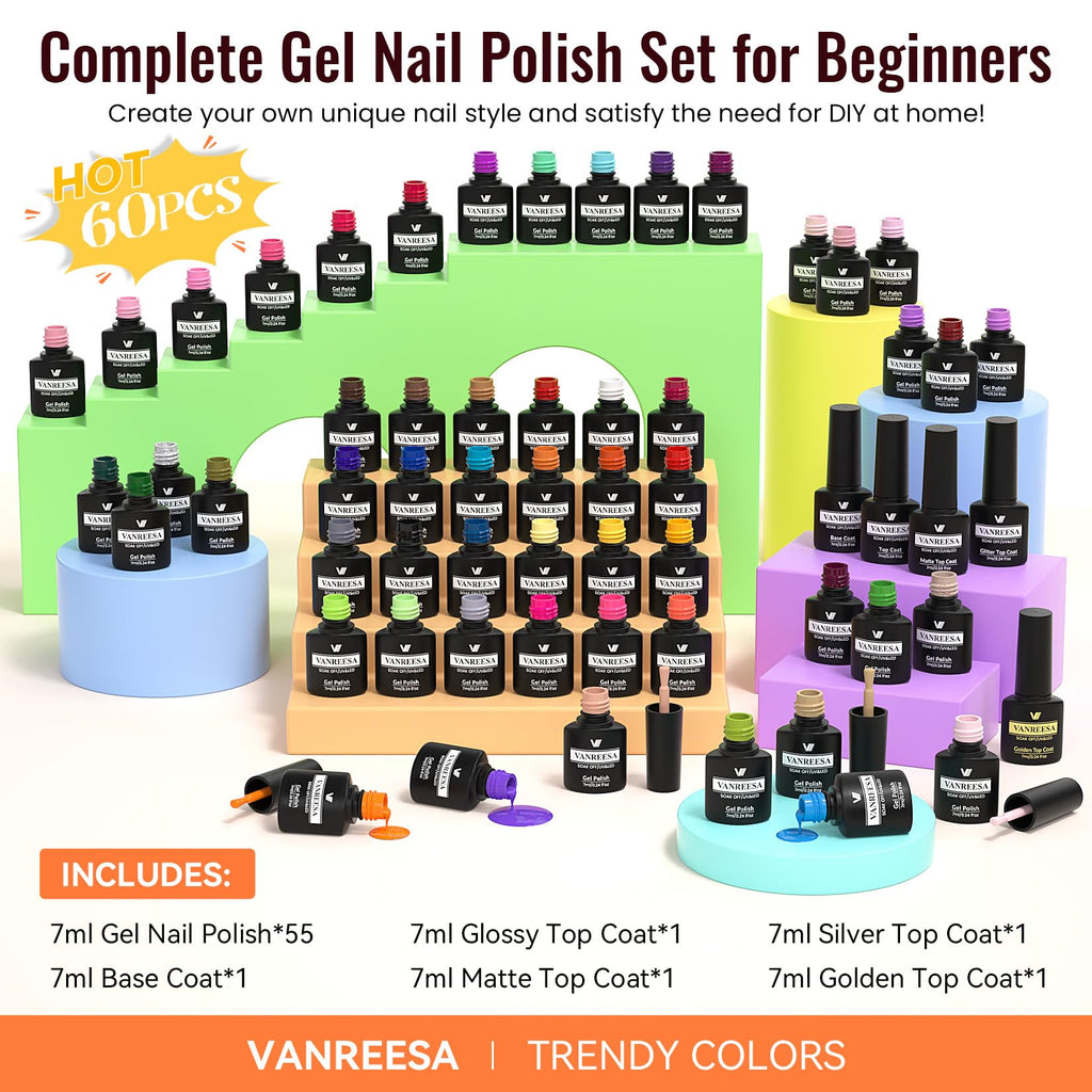 VANREESA 60-Pcs Gel Nail Polish Set: 55 Colors + Base Coat & 4 Top Coats for Home Manicure