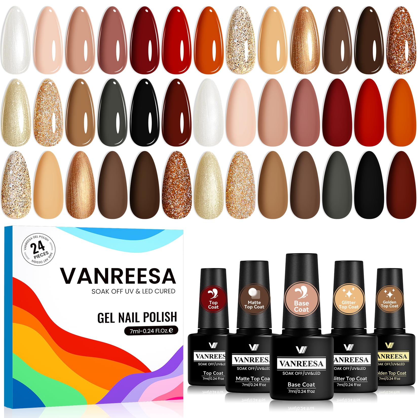 VANREESA 24-Piece Gel Nail Polish Set | 19 Colors + Base Coat & 4 Top Coats