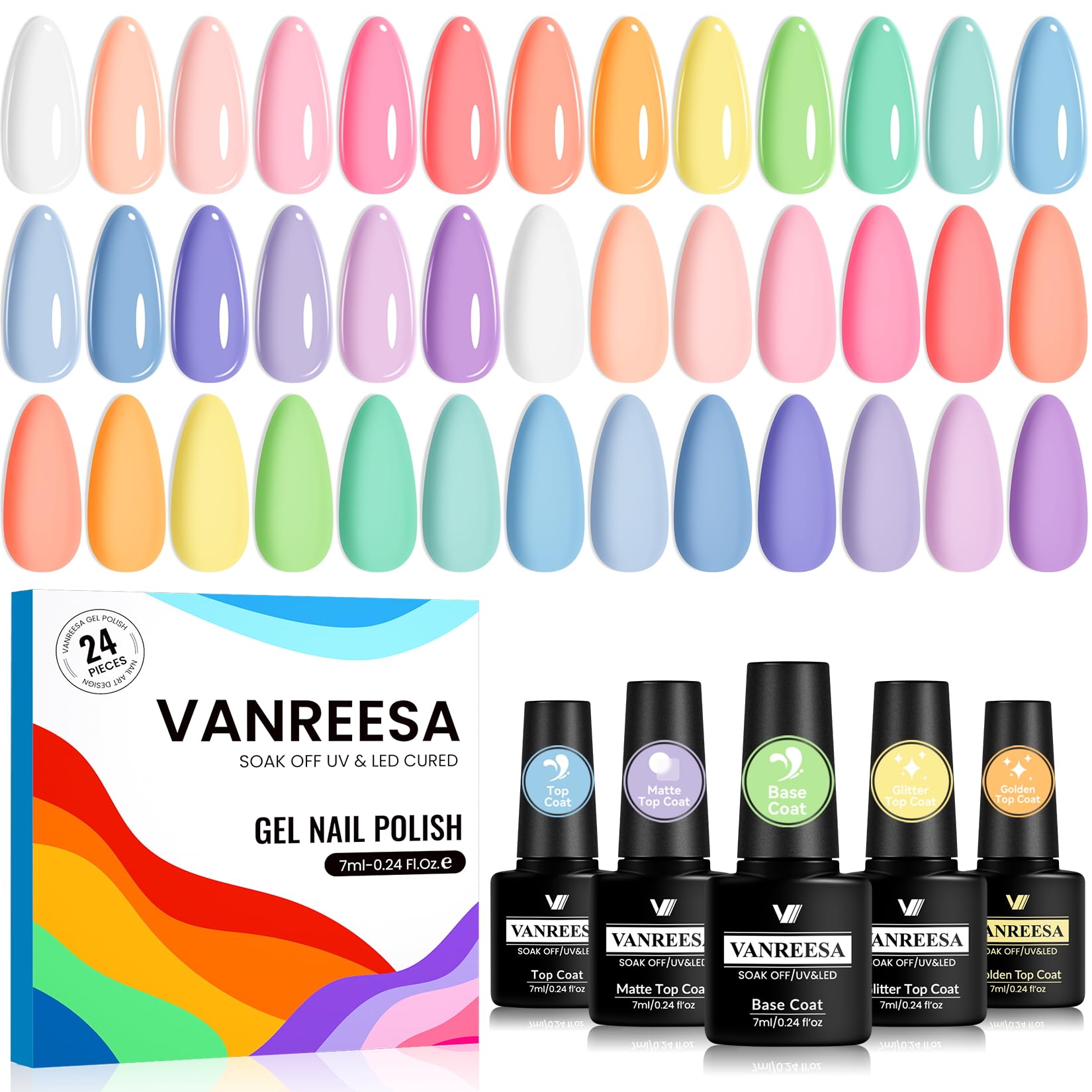 VANREESA 24 Pcs Gel Nail Polish Set – Trendy Spring Colors with Base Coat & 4 Top Coats | DIY Manicure Kit