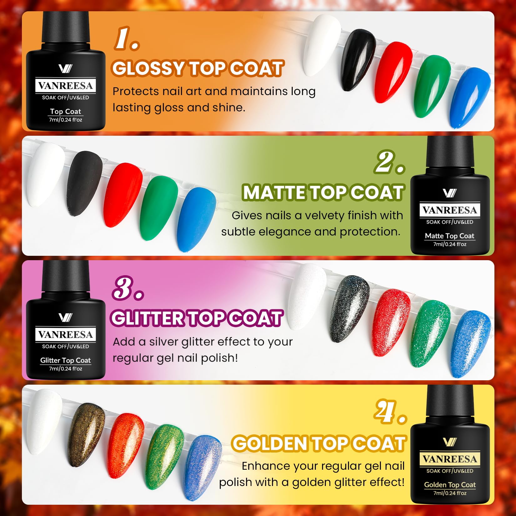 VANREESA 24-Piece Fall Gel Nail Polish Set – 19 Colors + Base Coat & 4 Top Coats