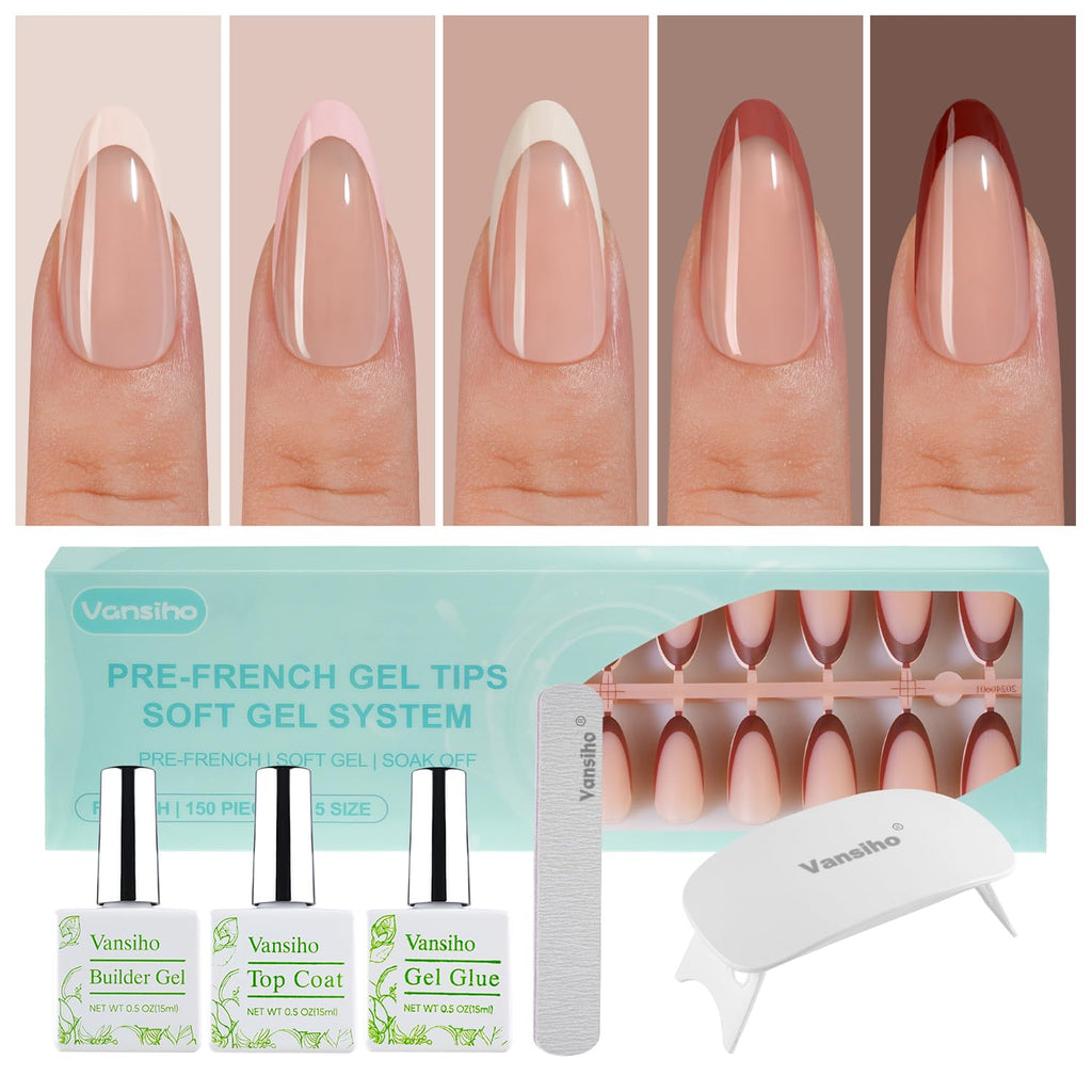 Vansiho French Gel Nails Kit – Medium Almond French Tip Press-On Nails with Nail Lamp