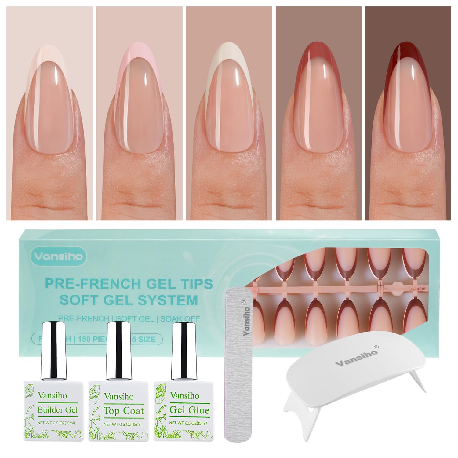 Vansiho French Gel Nails Kit – Medium Almond French Tip Press-On Nails with Nail Lamp
