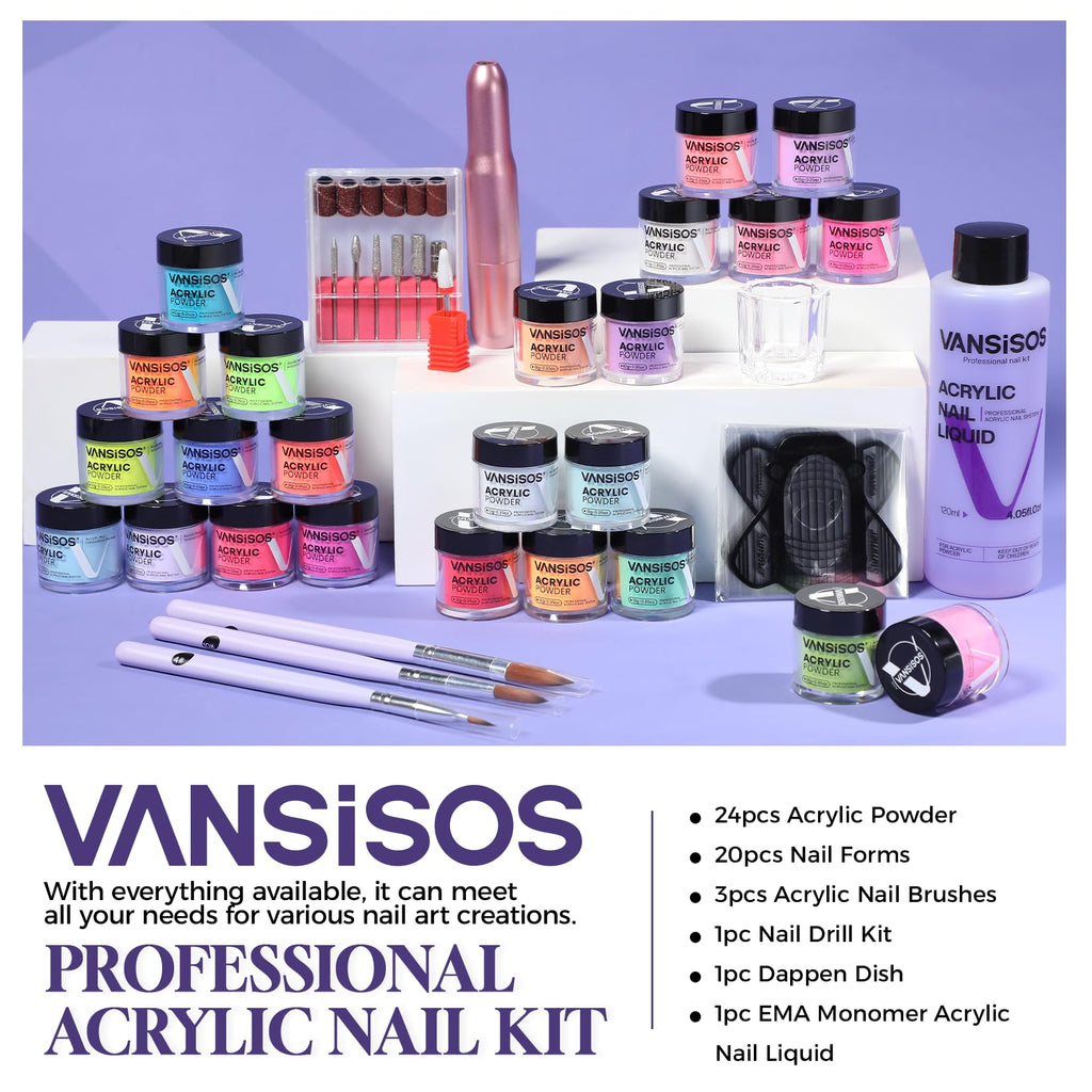 VANSISOS Acrylic Nail Kit for Beginners — 24 Colors, Quick-Dry Liquid, Complete Set