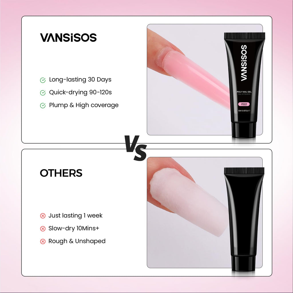 VANSISOS Poly Gel Nail Kit – 12 Colors with UV Light for Beginners