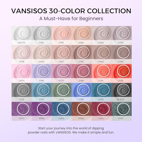 VANSISOS Dip Powder Nail Kit – 30 Colors, Glitter Pink, Base/Top/Activator, At-Home DIY Manicure