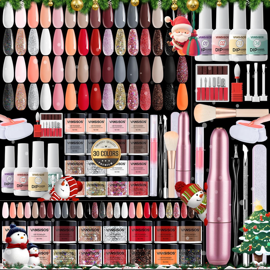VANSISOS Dip Powder Nail Kit with Everything – 30 Colors, Base/Top/Activator, Nail Drill, At-Home Salon