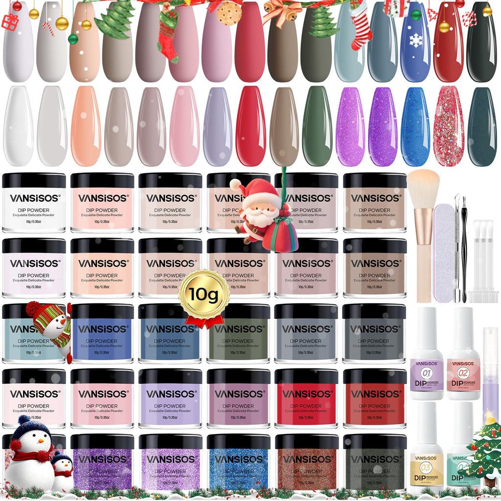 VANSISOS Dip Powder Nail Kit – 30 Colors, Glitter Pink, Base/Top/Activator, At-Home DIY Manicure