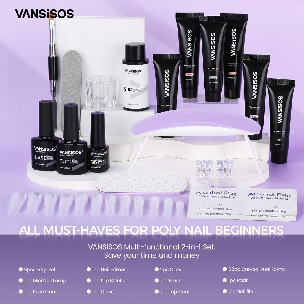 VANSISOS Poly Gel Nail Kit – 6 Colors + Mini UV Lamp for Beginners