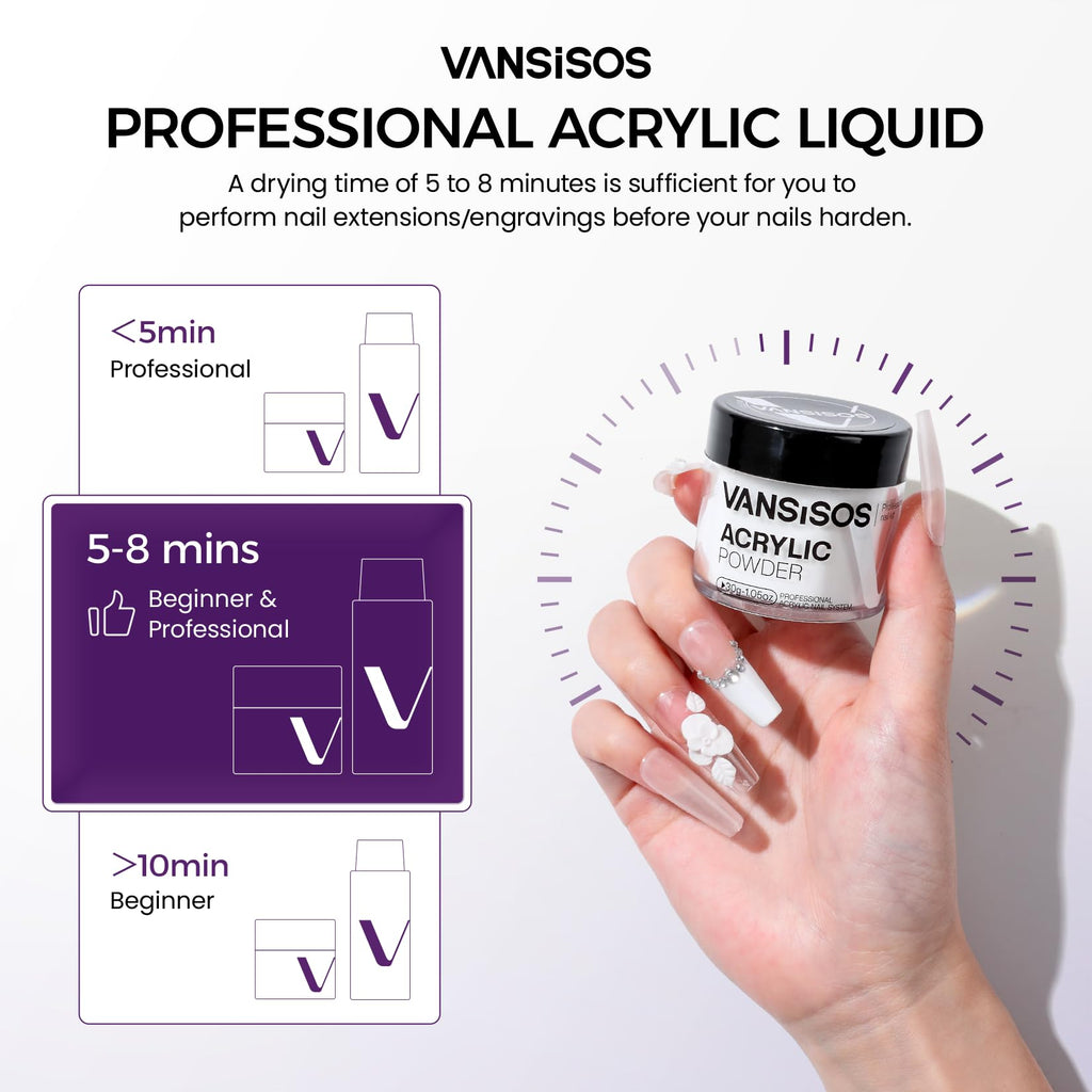 VANSISOS Acrylic Nail Kit: 30g Clear Powder & 75ml Liquid for Beginners – Home DIY Nail Extensions