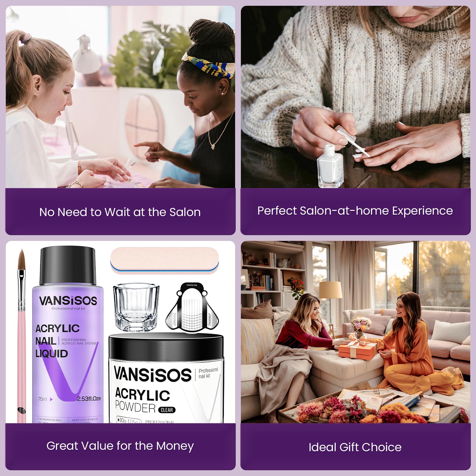 VANSISOS Acrylic Nail Kit: 30g Clear Powder & 75ml Liquid for Beginners – Home DIY Nail Extensions