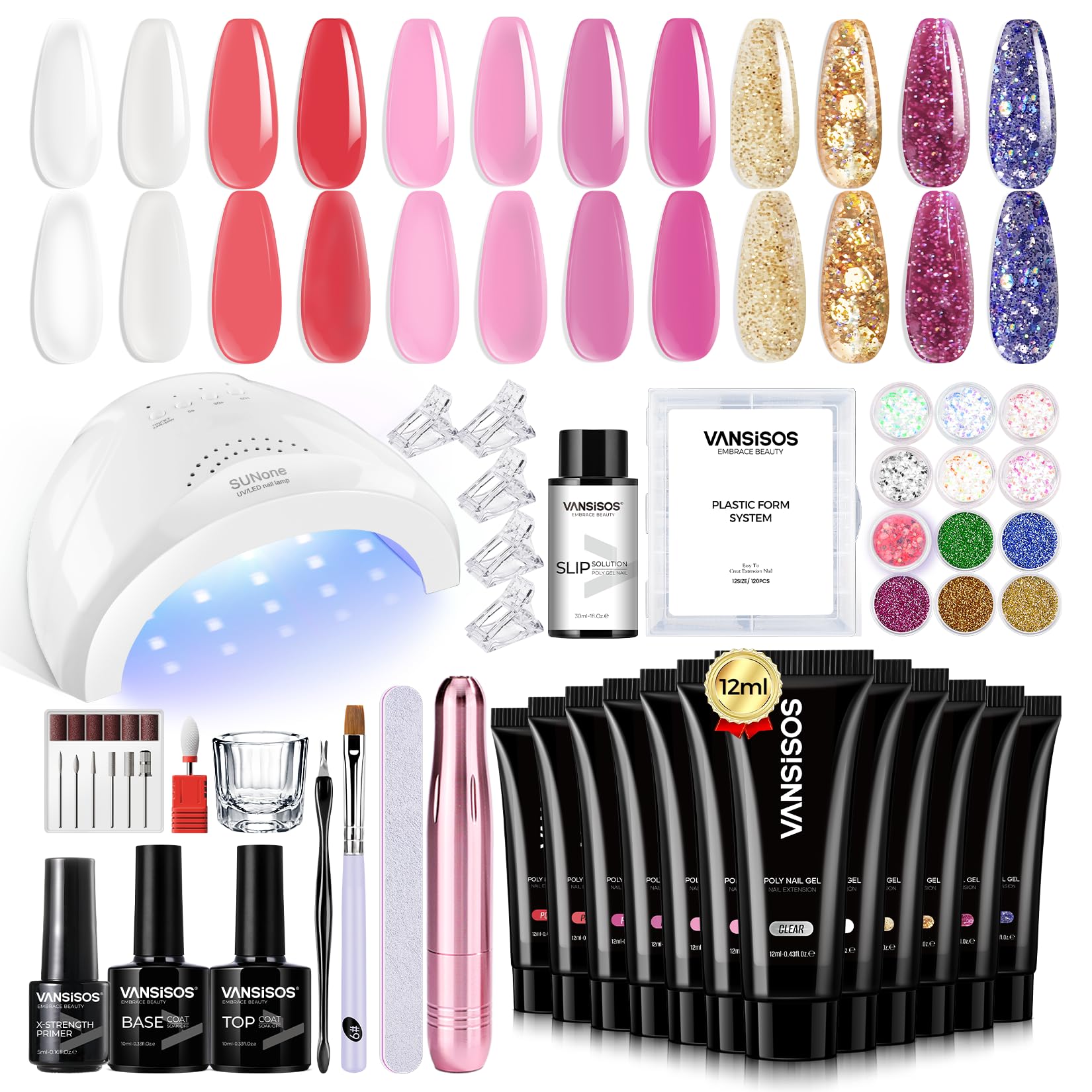 VANSISOS Poly Gel Nail Kit – 12 Colors with UV Light for Beginners