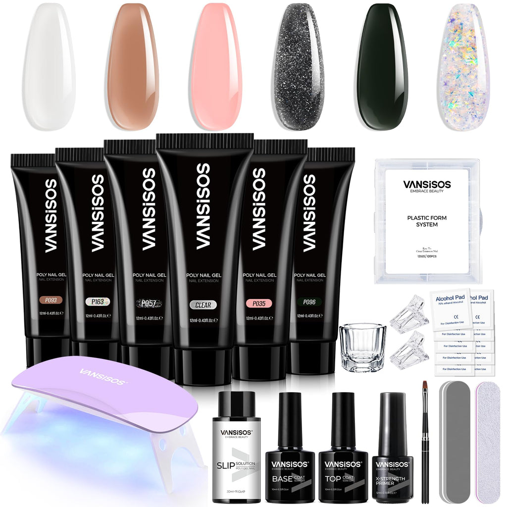 VANSISOS Poly Gel Nail Kit – 6 Colors + Mini UV Lamp for Beginners